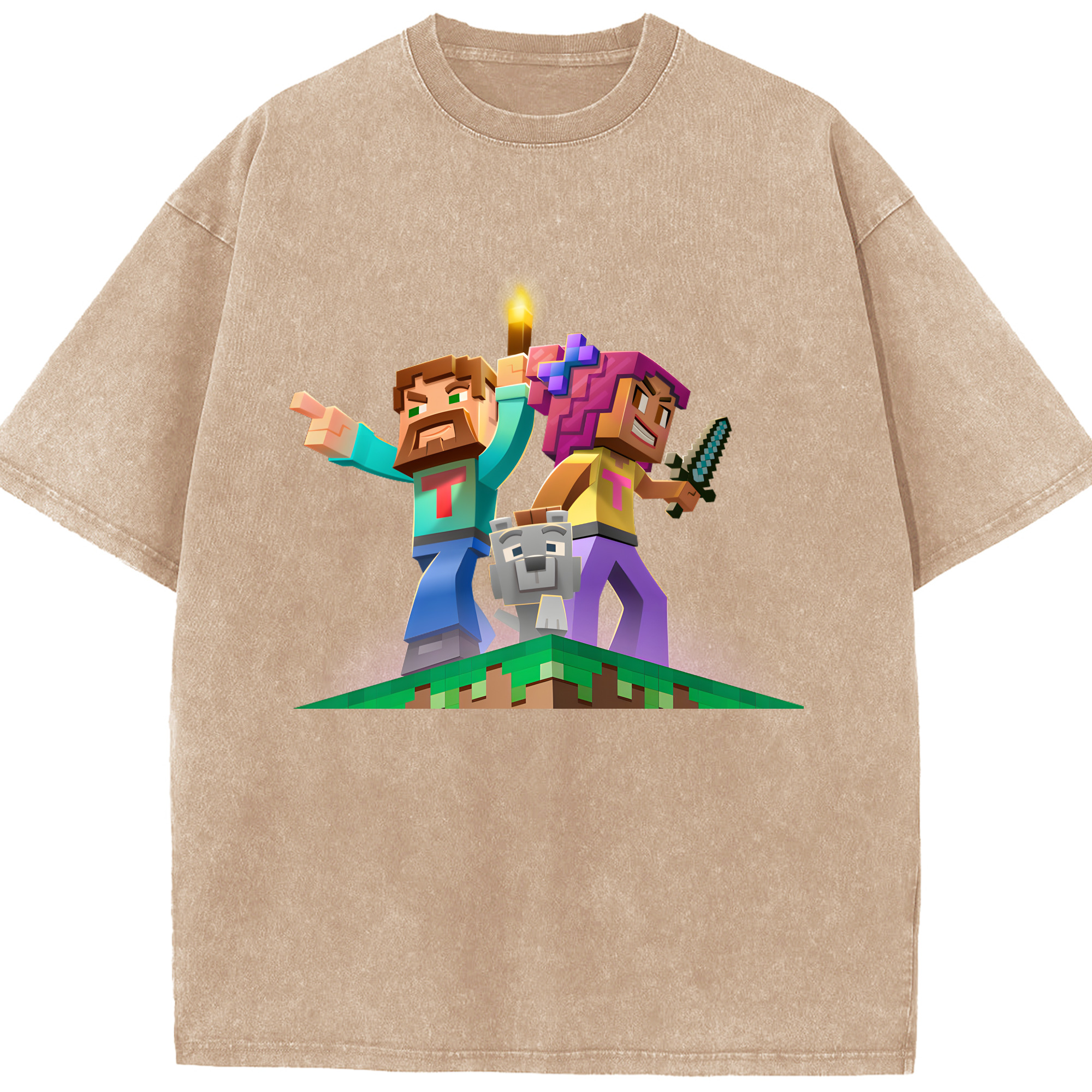 （画像用） マインクラフト ブロックの世界 Minecraft MC Block world 綿100% ヴィンテージ風 半袖Tシャツ（フロントプリント）