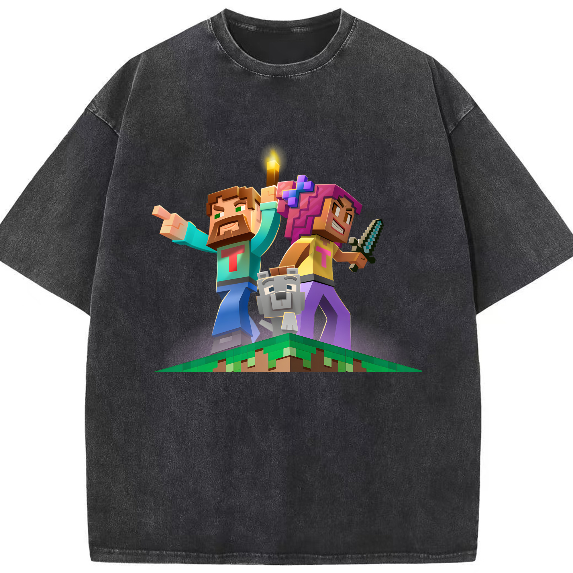 （画像用） マインクラフト ブロックの世界 Minecraft MC Block world 綿100% ヴィンテージ風 半袖Tシャツ（フロントプリント）