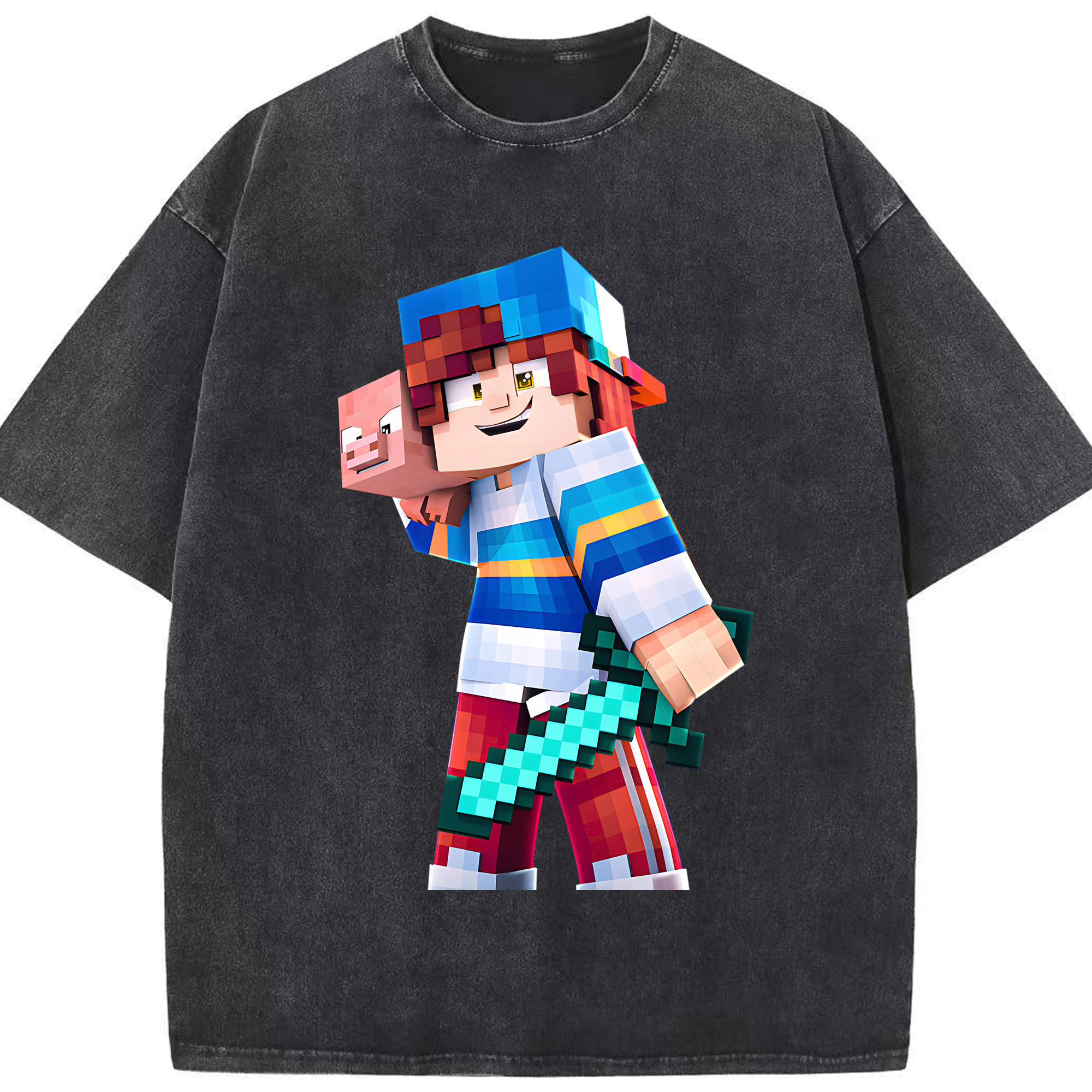 （画像用） マインクラフト ブロックの世界 Minecraft MC Block world 綿100% ヴィンテージ風 半袖Tシャツ（フロントプリント）
