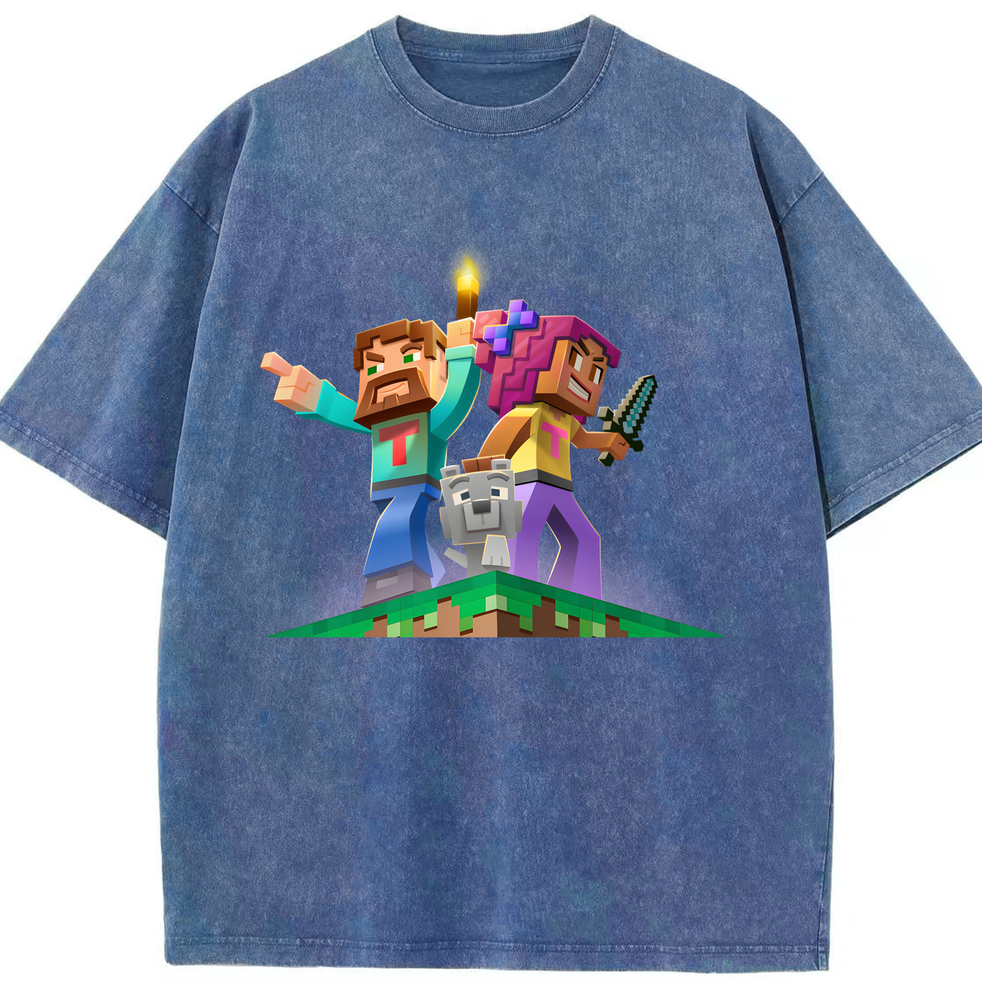 （画像用） マインクラフト ブロックの世界 Minecraft MC Block world 綿100% ヴィンテージ風 半袖Tシャツ（フロントプリント）