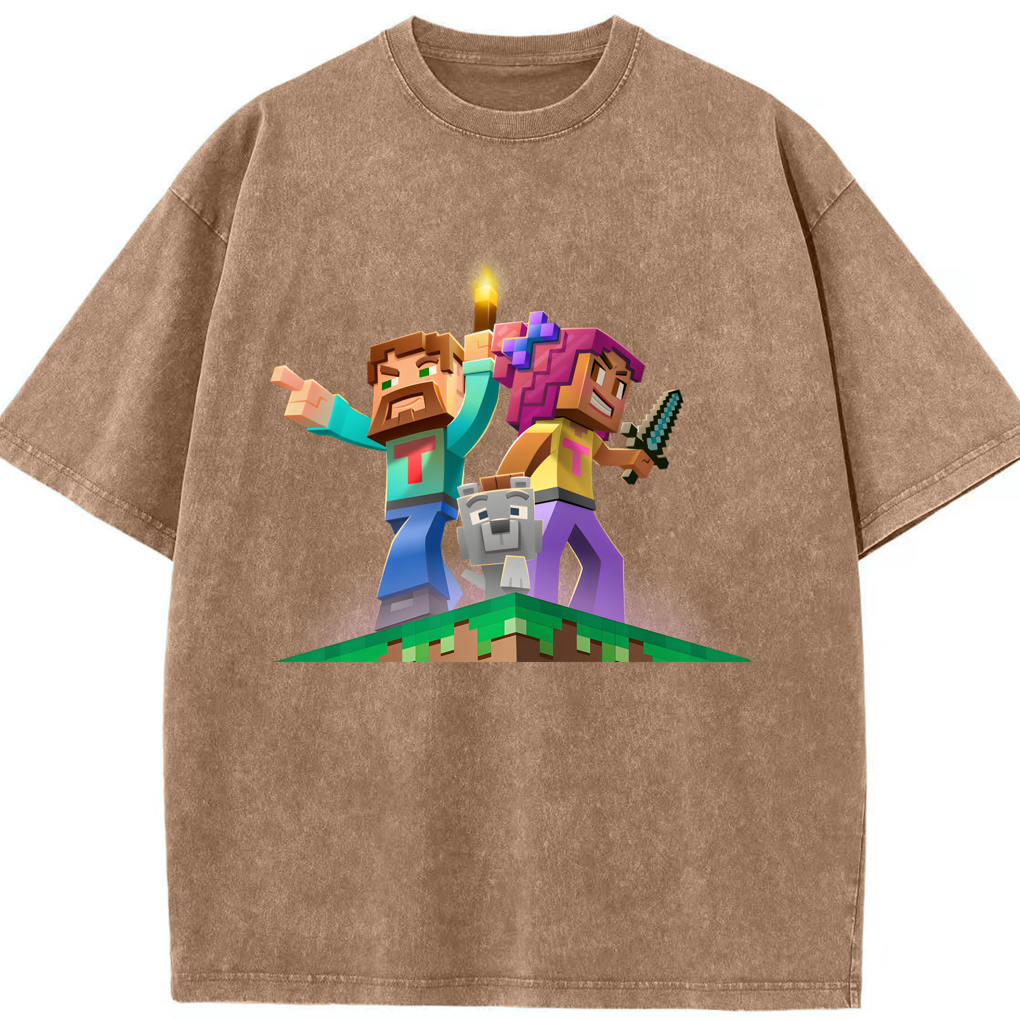 （画像用） マインクラフト ブロックの世界 Minecraft MC Block world 綿100% ヴィンテージ風 半袖Tシャツ（フロントプリント）