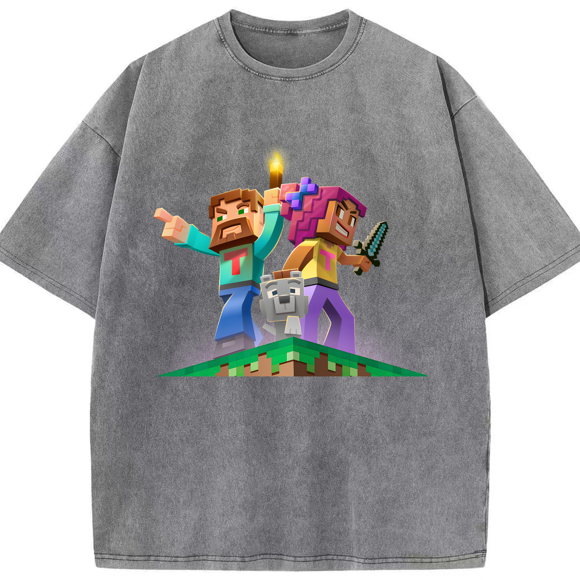 （画像用） マインクラフト ブロックの世界 Minecraft MC Block world 綿100% ヴィンテージ風 半袖Tシャツ（フロントプリント）