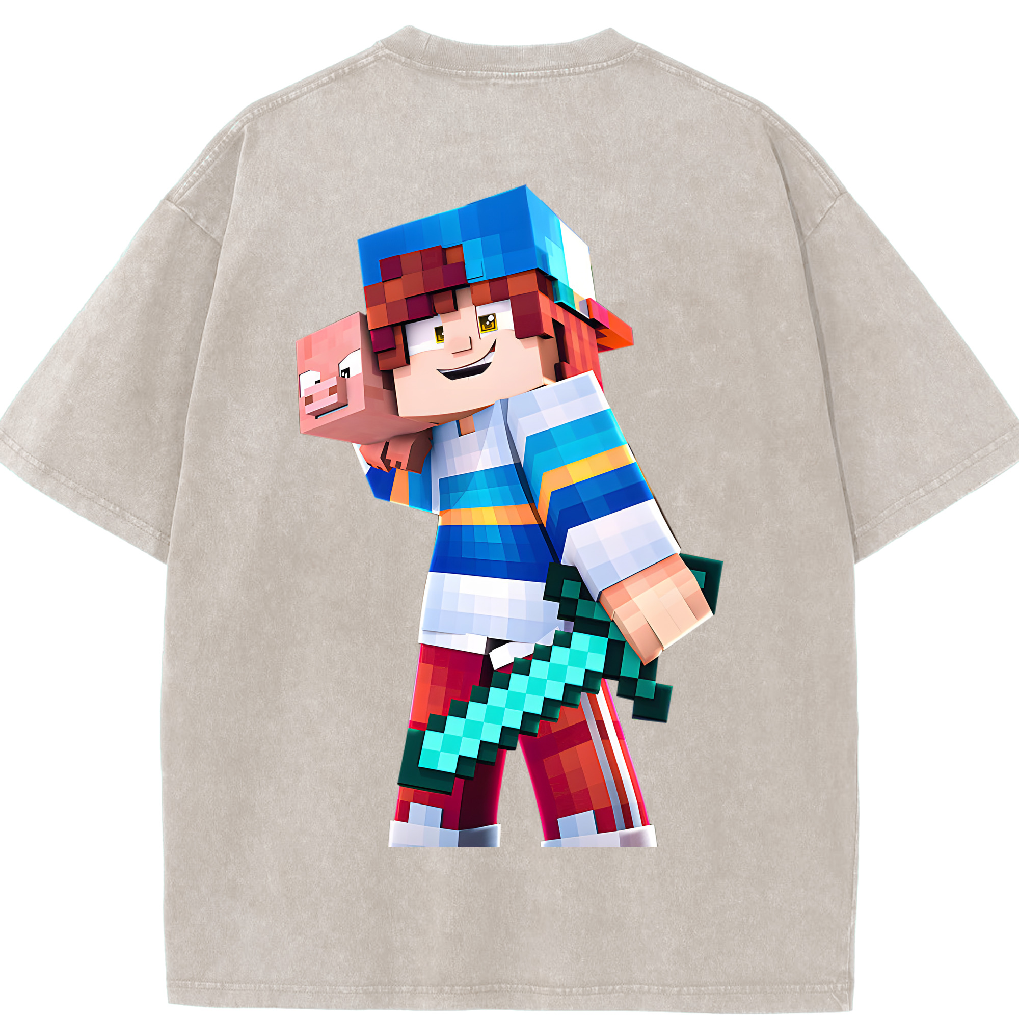 （画像用） マインクラフト ブロックの世界 Minecraft MC Block world 綿100% ヴィンテージ風 半袖Tシャツ（背面プリント）