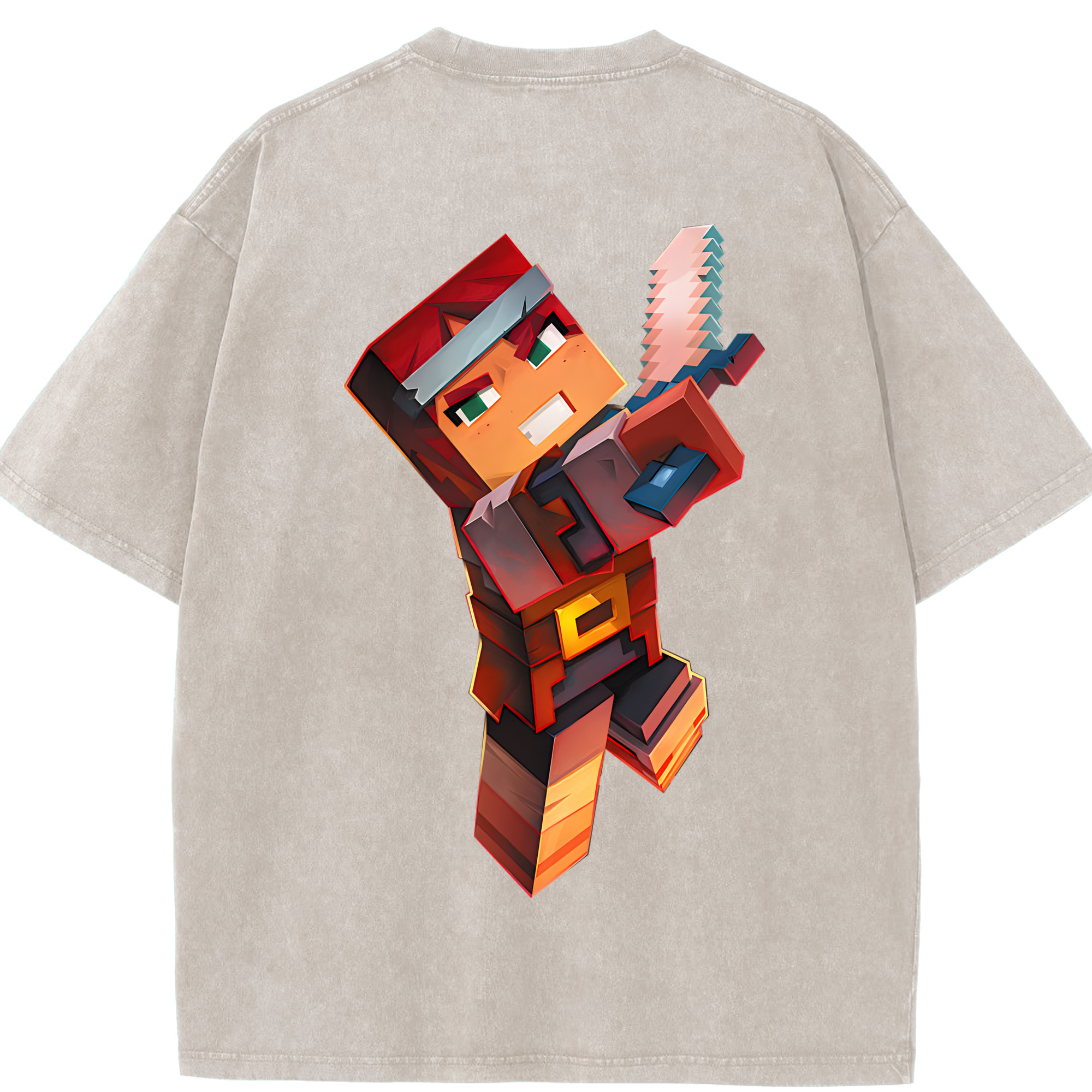 （画像用） マインクラフト ブロックの世界 Minecraft MC Block world 綿100% ヴィンテージ風 半袖Tシャツ（背面プリント）