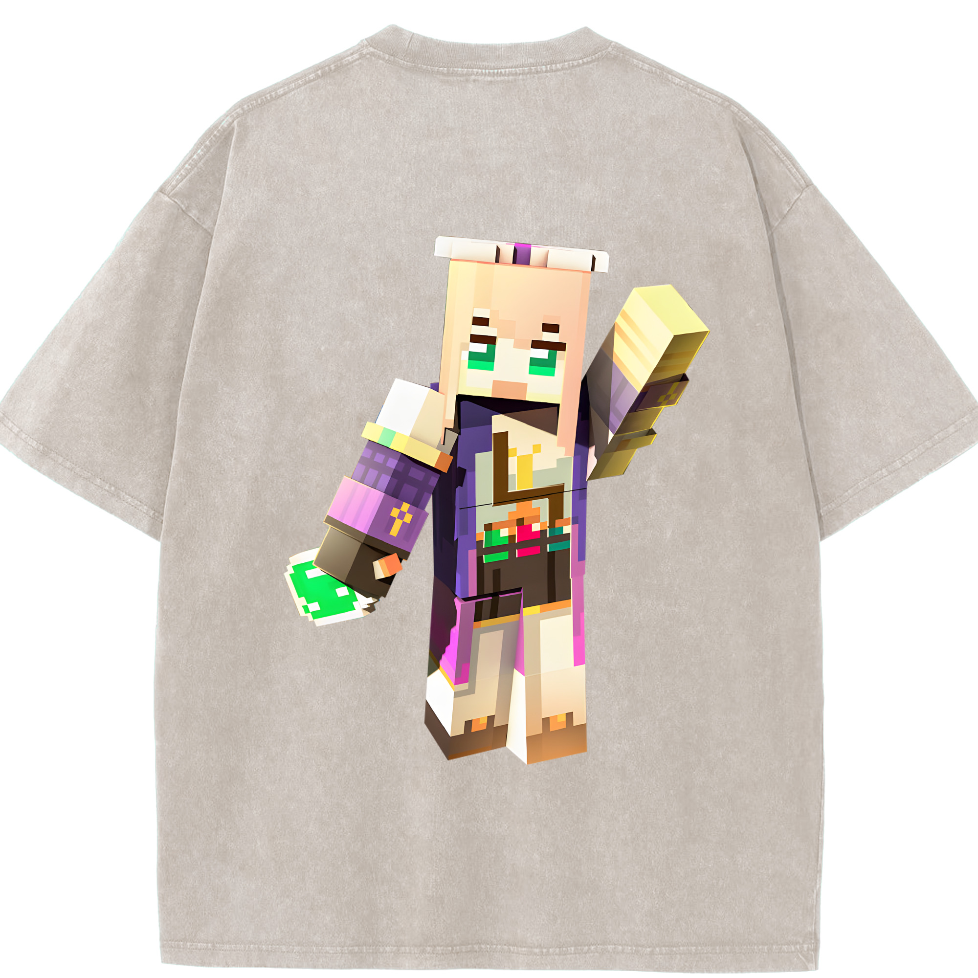 （画像用） マインクラフト ブロックの世界 Minecraft MC Block world 綿100% ヴィンテージ風 半袖Tシャツ（背面プリント）