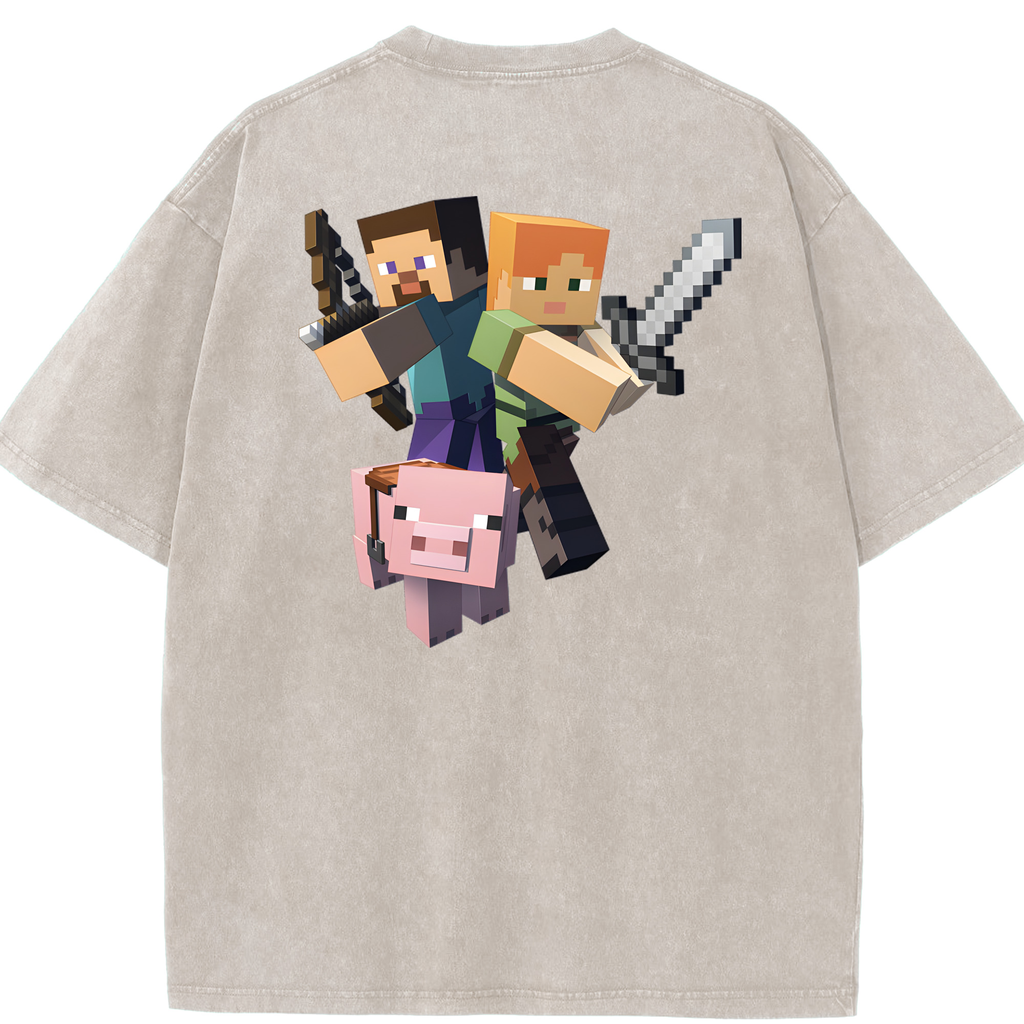（画像用） マインクラフト ブロックの世界 Minecraft MC Block world 綿100% ヴィンテージ風 半袖Tシャツ（背面プリント）