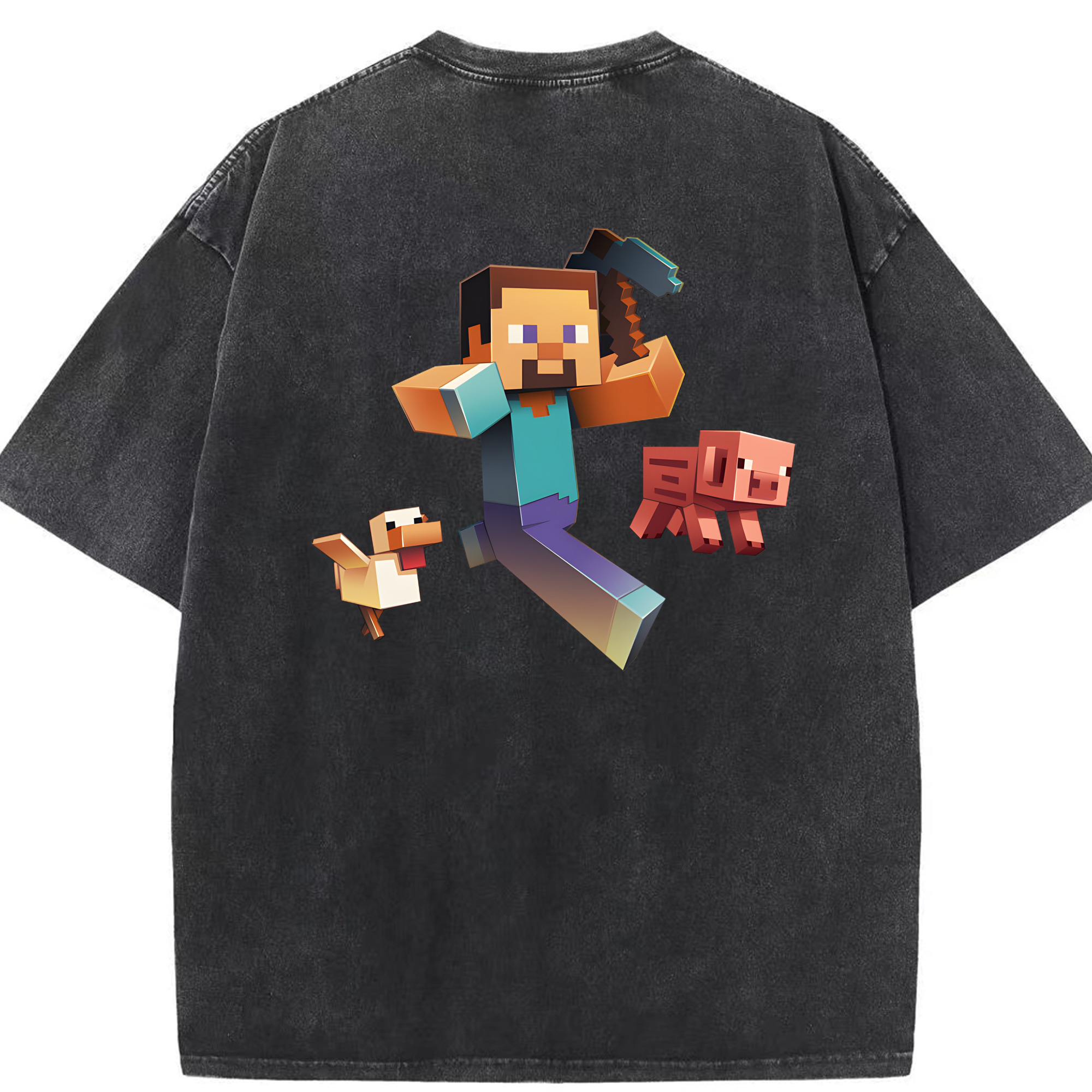（画像用） マインクラフト ブロックの世界 Minecraft MC Block world 綿100% ヴィンテージ風 半袖Tシャツ（背面プリント）