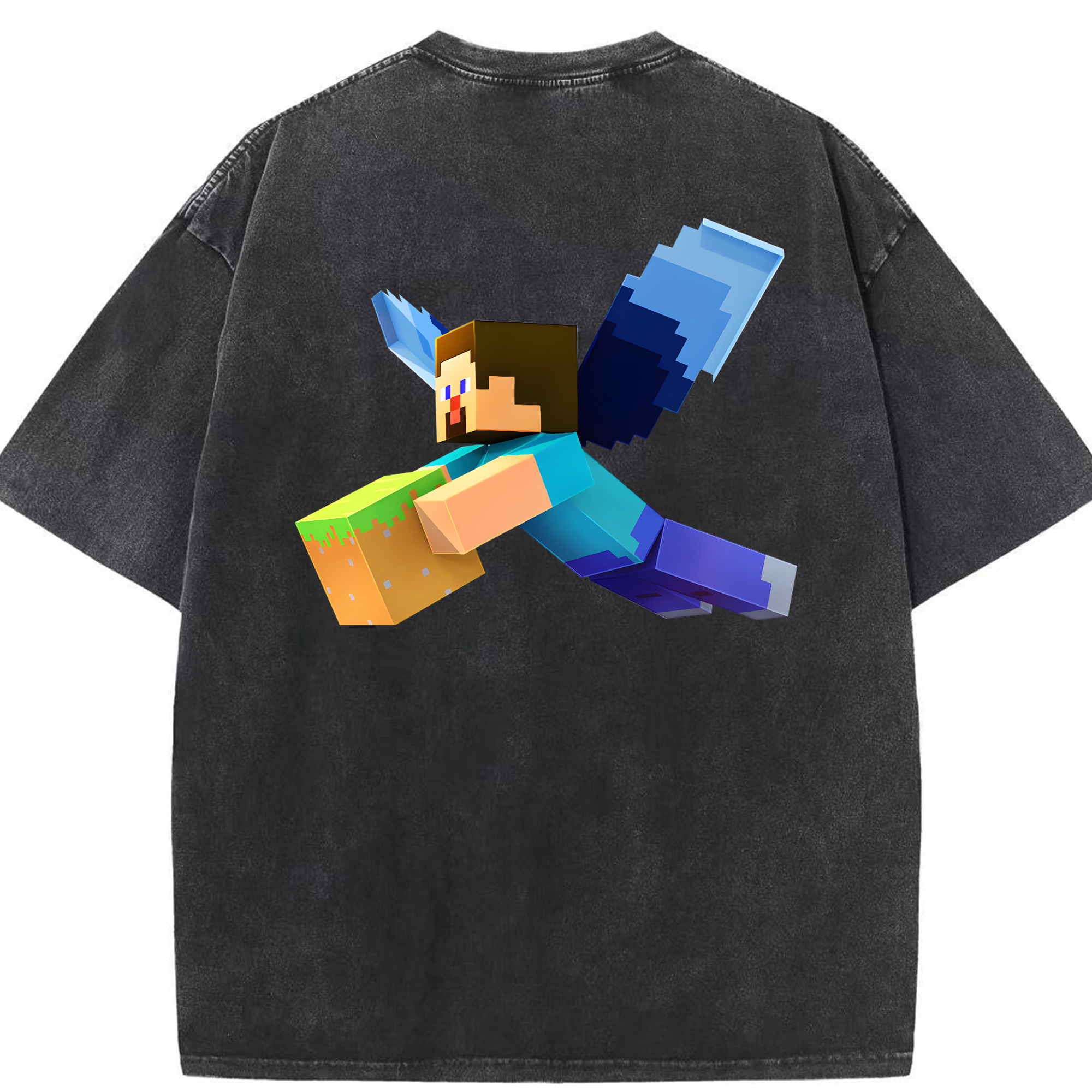 （画像用） マインクラフト ブロックの世界 Minecraft MC Block world 綿100% ヴィンテージ風 半袖Tシャツ（背面プリント）