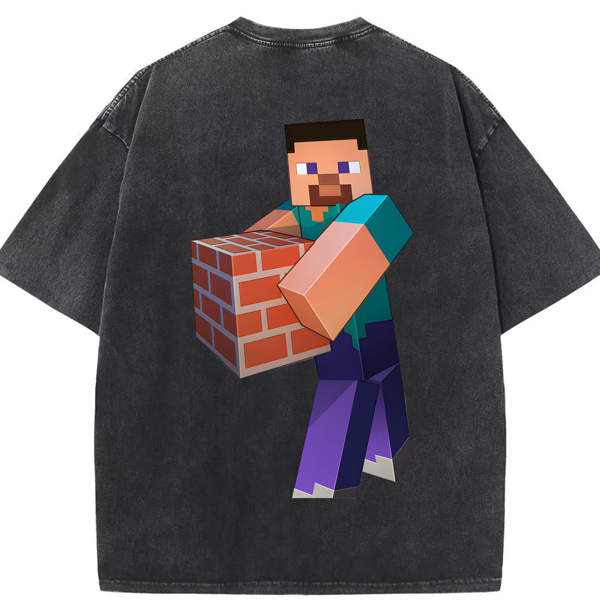（画像用） マインクラフト ブロックの世界 Minecraft MC Block world 綿100% ヴィンテージ風 半袖Tシャツ（背面プリント）