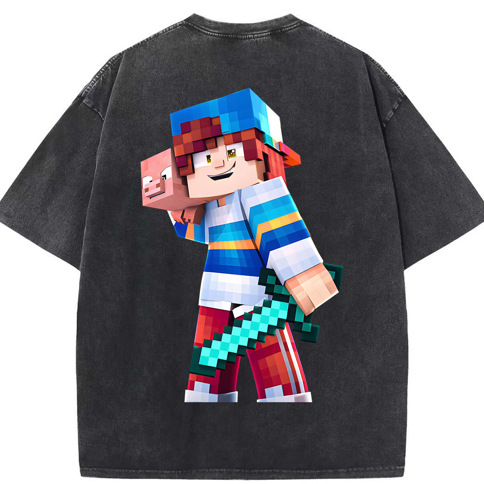 （画像用） マインクラフト ブロックの世界 Minecraft MC Block world 綿100% ヴィンテージ風 半袖Tシャツ（背面プリント）