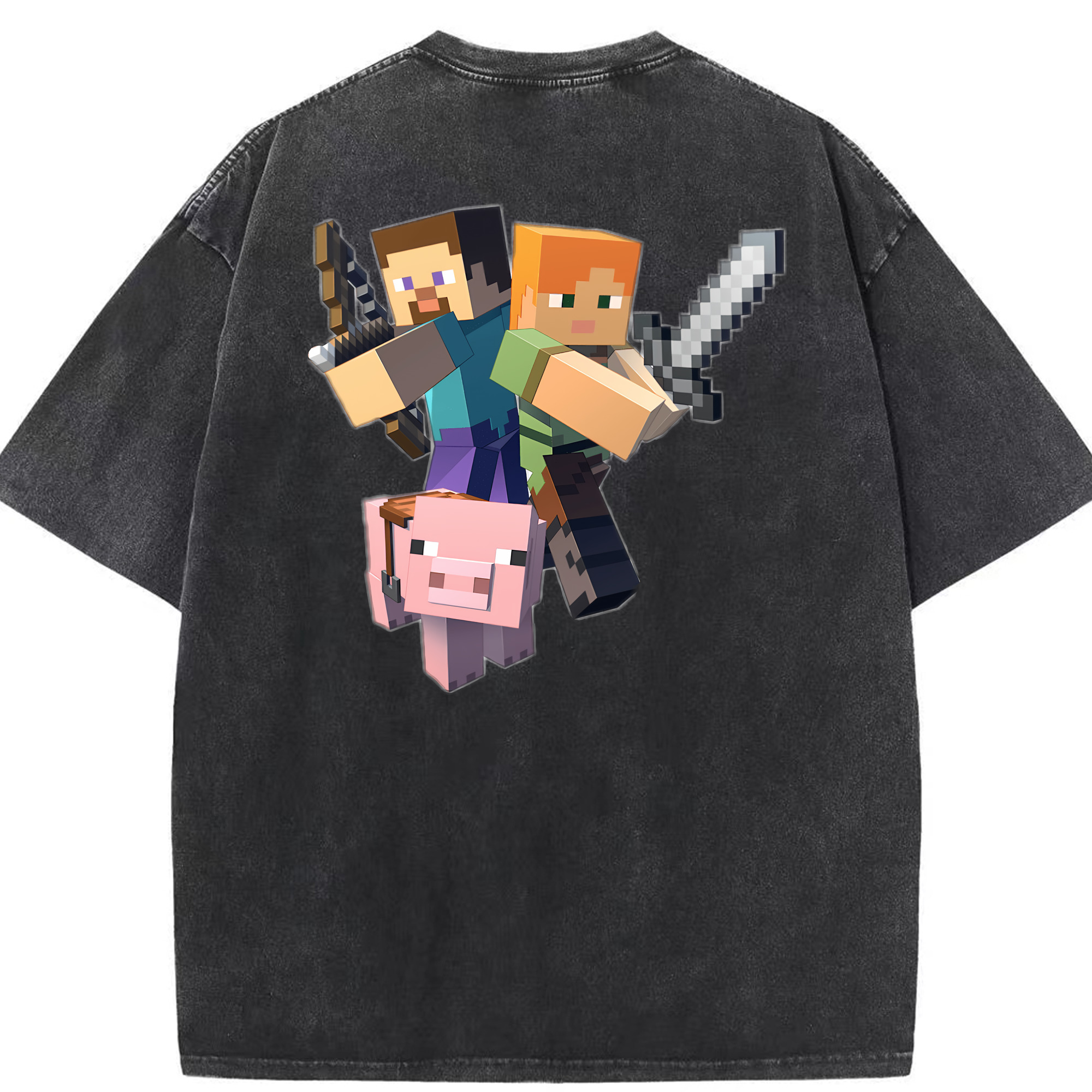 （画像用） マインクラフト ブロックの世界 Minecraft MC Block world 綿100% ヴィンテージ風 半袖Tシャツ（背面プリント）