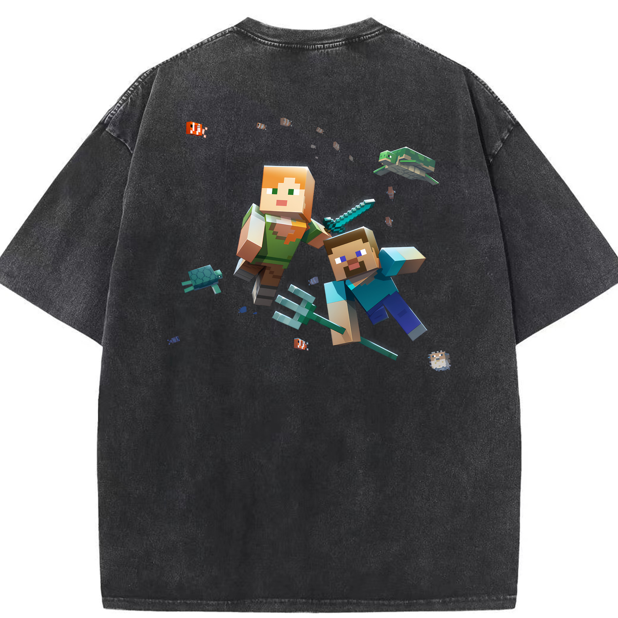 （画像用） マインクラフト ブロックの世界 Minecraft MC Block world 綿100% ヴィンテージ風 半袖Tシャツ（背面プリント）