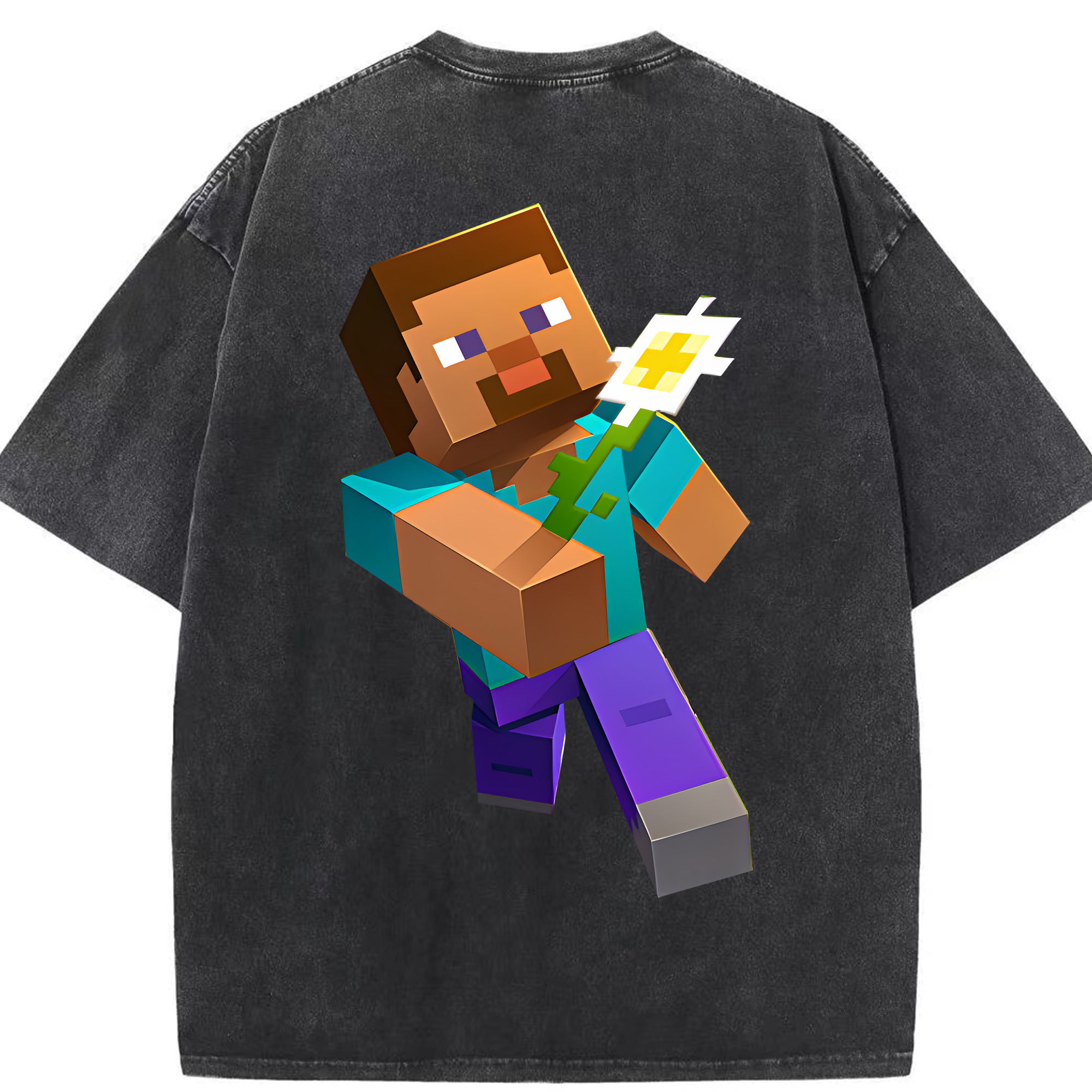 （画像用） マインクラフト ブロックの世界 Minecraft MC Block world 綿100% ヴィンテージ風 半袖Tシャツ（背面プリント）