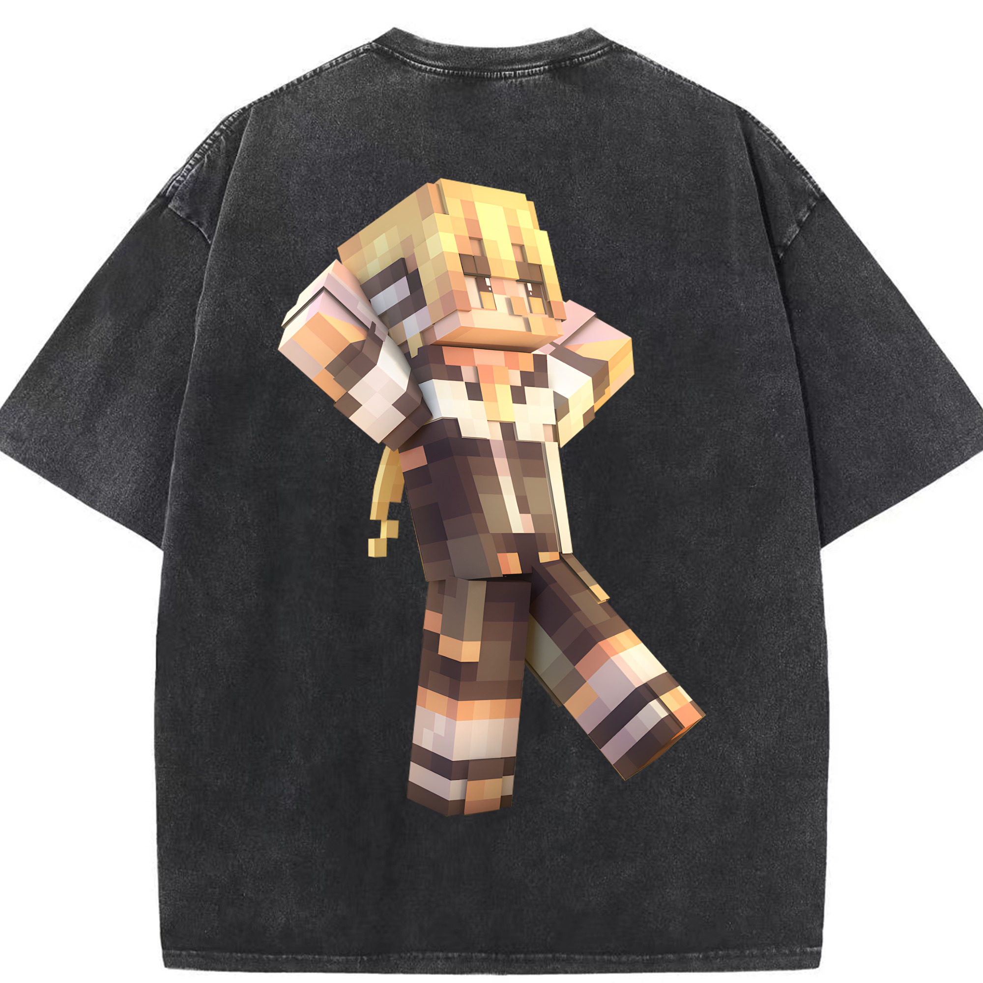 （画像用） マインクラフト ブロックの世界 Minecraft MC Block world 綿100% ヴィンテージ風 半袖Tシャツ（背面プリント）