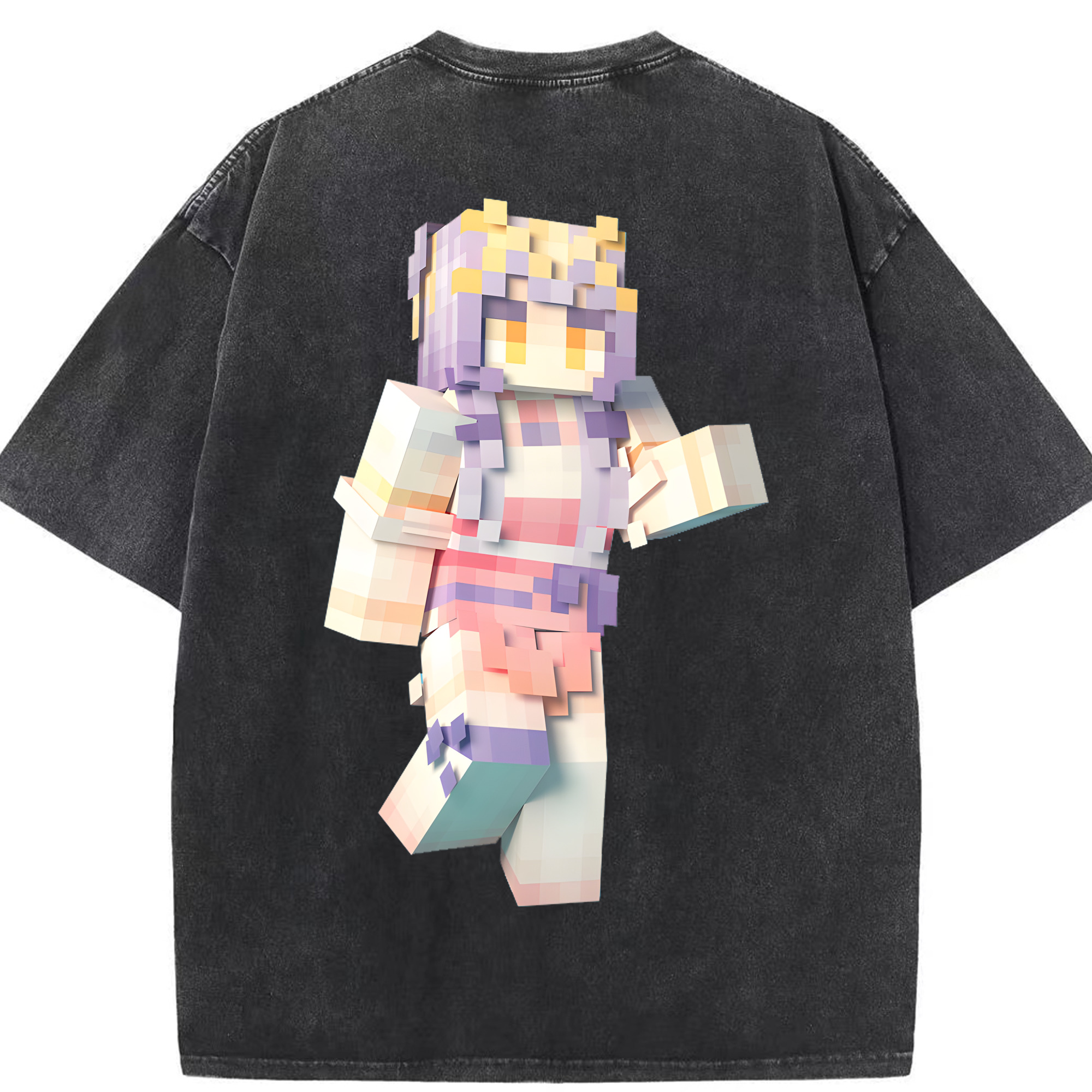 （画像用） マインクラフト ブロックの世界 Minecraft MC Block world 綿100% ヴィンテージ風 半袖Tシャツ（背面プリント）