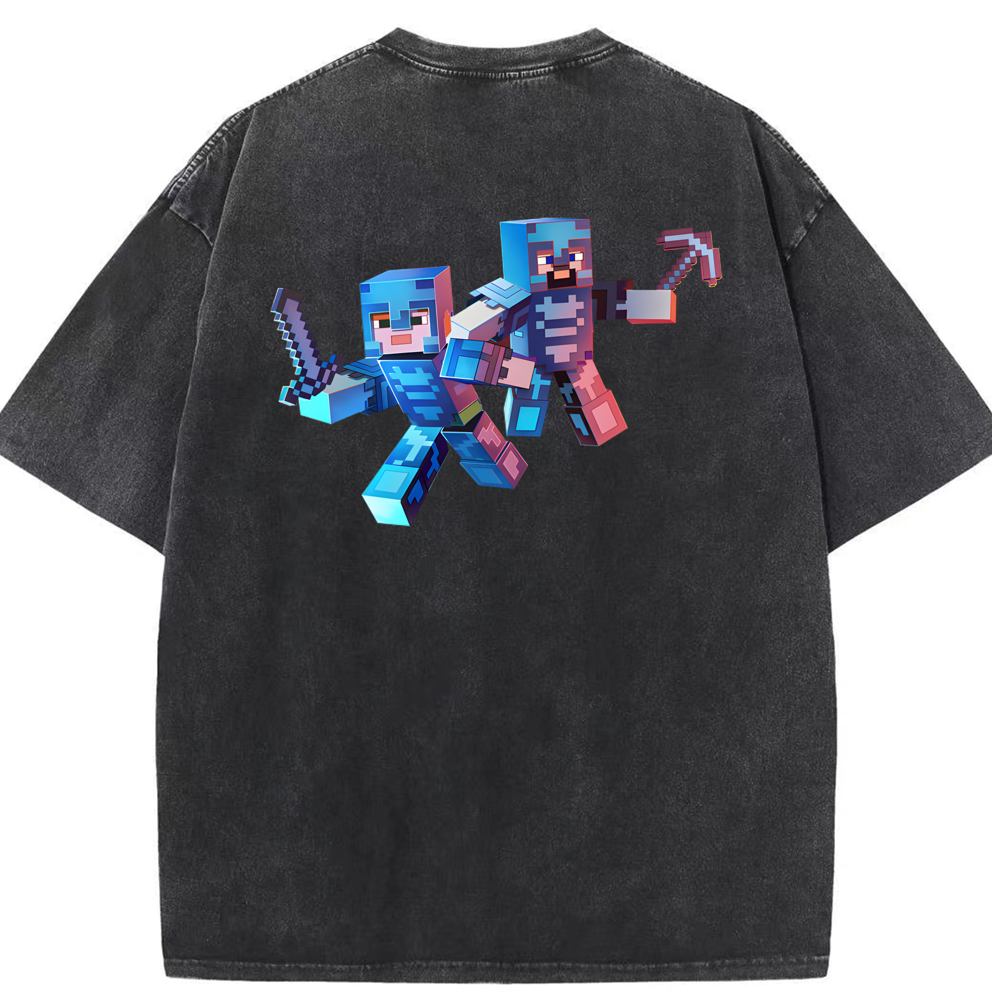 （画像用） マインクラフト ブロックの世界 Minecraft MC Block world 綿100% ヴィンテージ風 半袖Tシャツ（背面プリント）