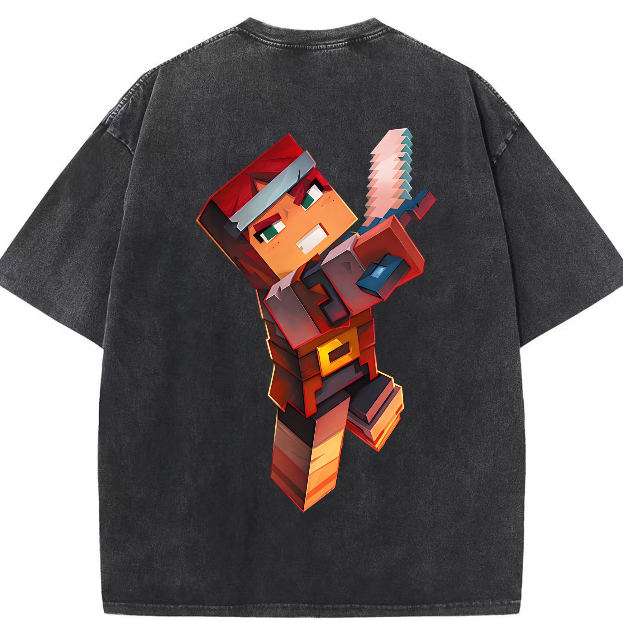 （画像用） マインクラフト ブロックの世界 Minecraft MC Block world 綿100% ヴィンテージ風 半袖Tシャツ（背面プリント）