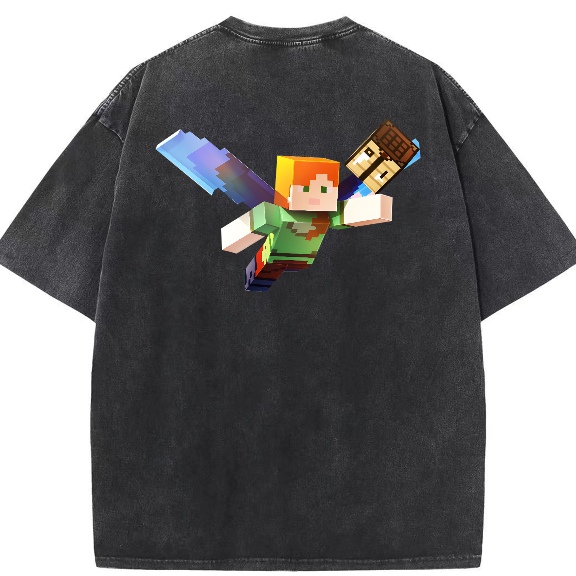 （画像用） マインクラフト ブロックの世界 Minecraft MC Block world 綿100% ヴィンテージ風 半袖Tシャツ（背面プリント）
