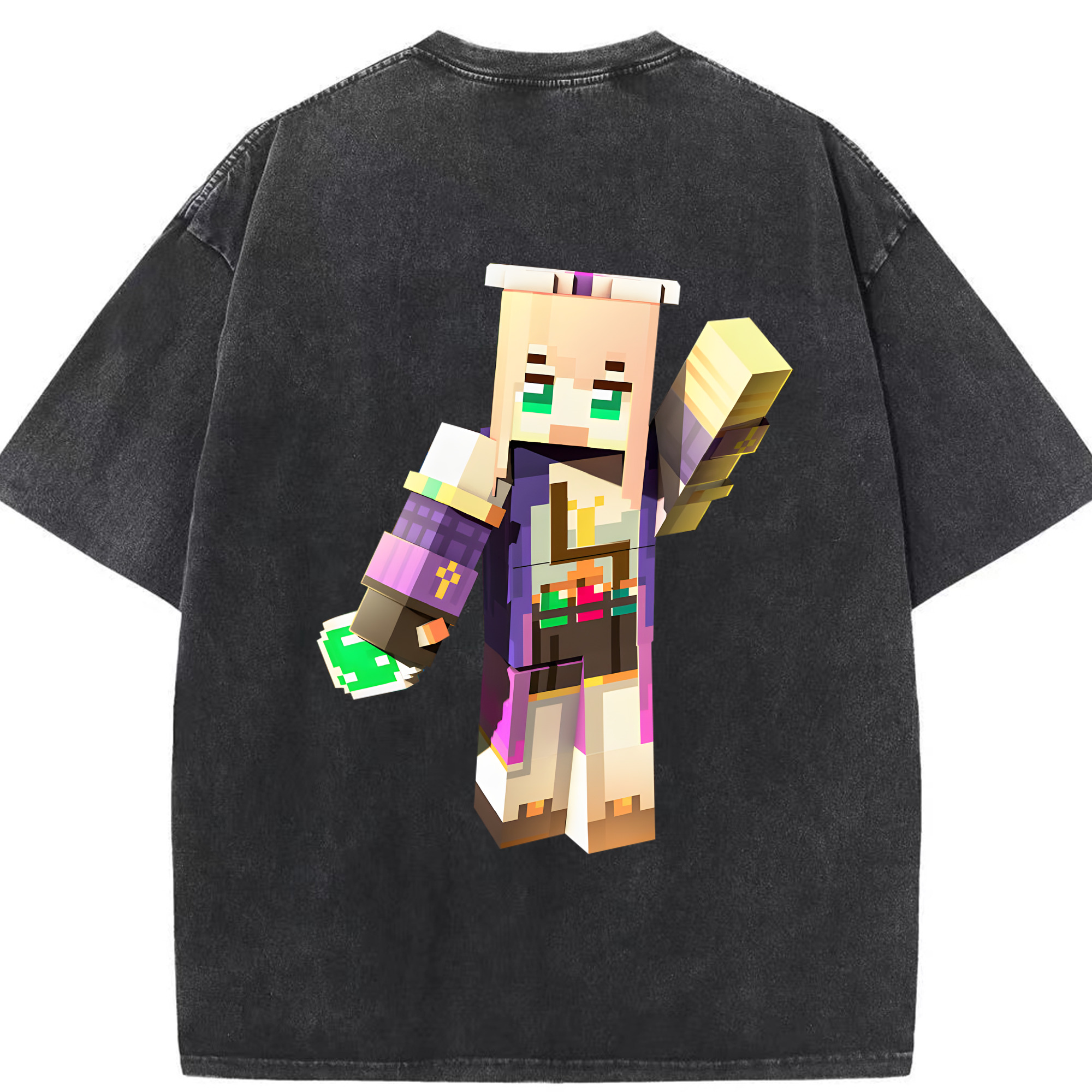 （画像用） マインクラフト ブロックの世界 Minecraft MC Block world 綿100% ヴィンテージ風 半袖Tシャツ（背面プリント）