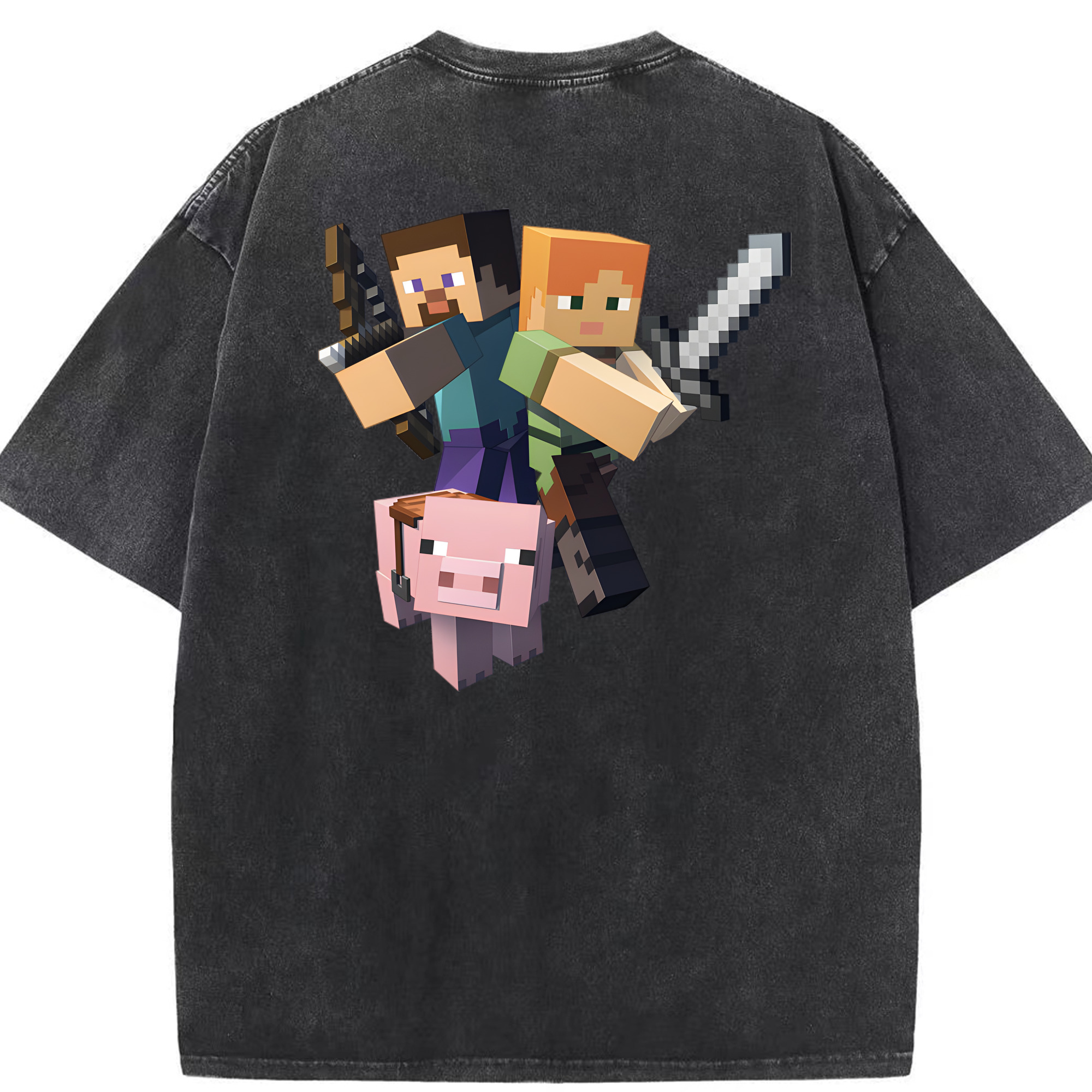 （画像用） マインクラフト ブロックの世界 Minecraft MC Block world 綿100% ヴィンテージ風 半袖Tシャツ（背面プリント）