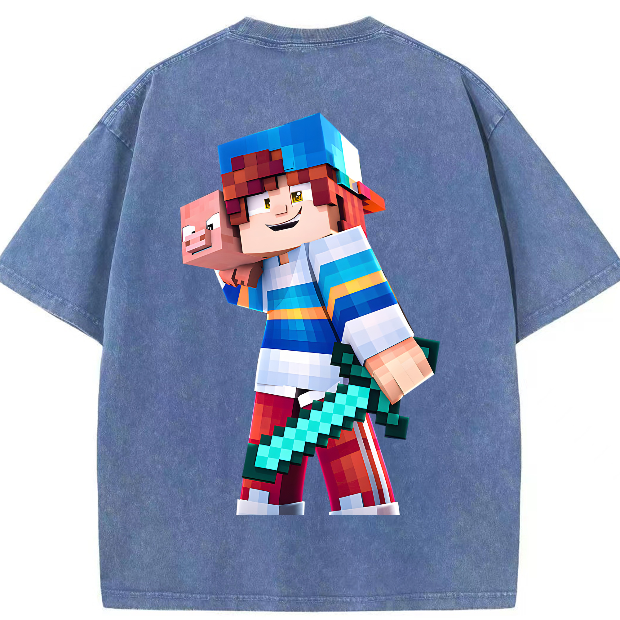 （画像用） マインクラフト ブロックの世界 Minecraft MC Block world 綿100% ヴィンテージ風 半袖Tシャツ（背面プリント）