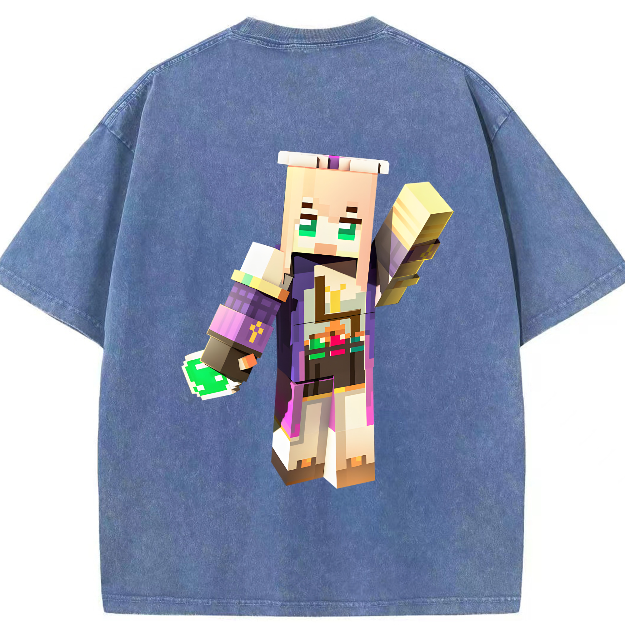 （画像用） マインクラフト ブロックの世界 Minecraft MC Block world 綿100% ヴィンテージ風 半袖Tシャツ（背面プリント）