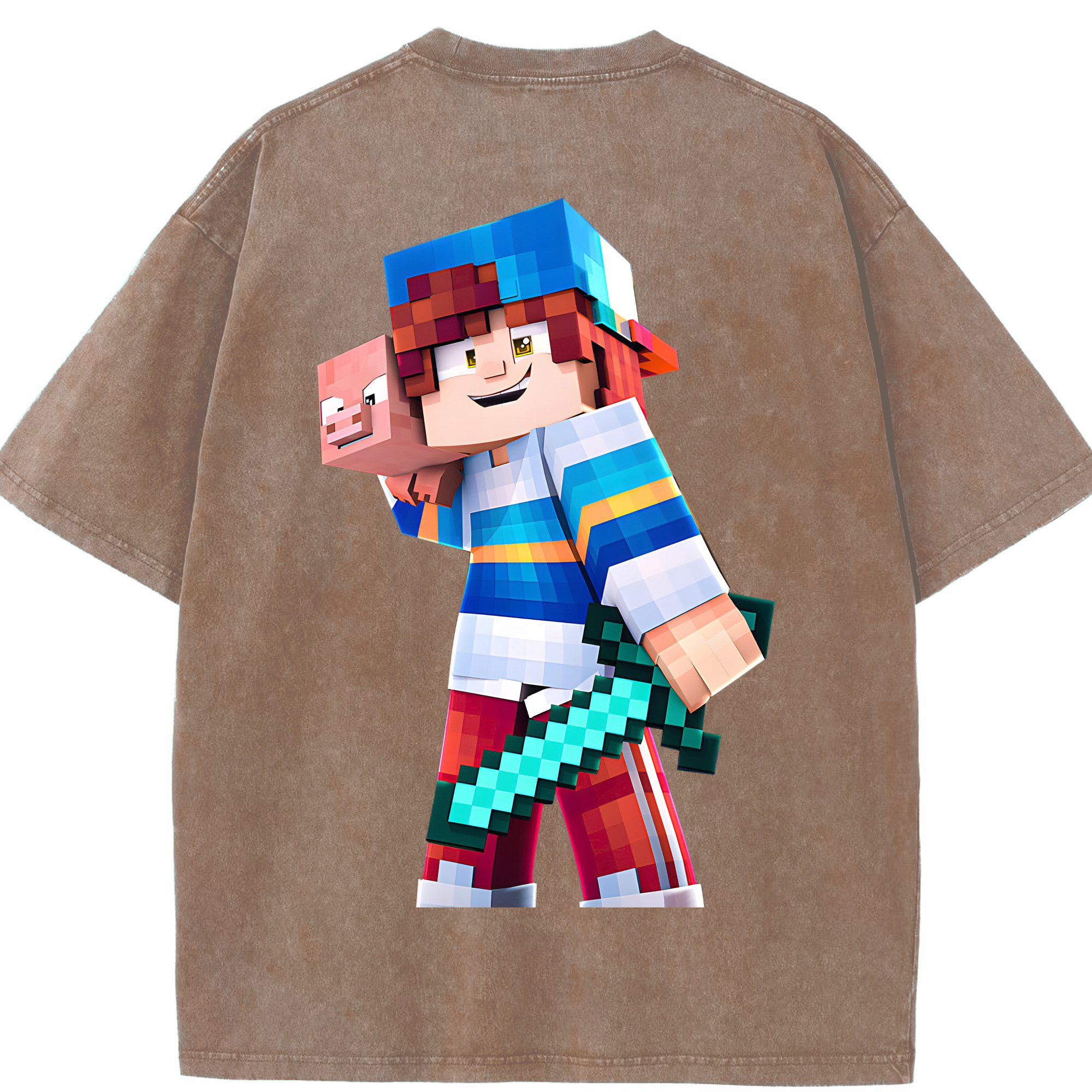 （画像用） マインクラフト ブロックの世界 Minecraft MC Block world 綿100% ヴィンテージ風 半袖Tシャツ（背面プリント）