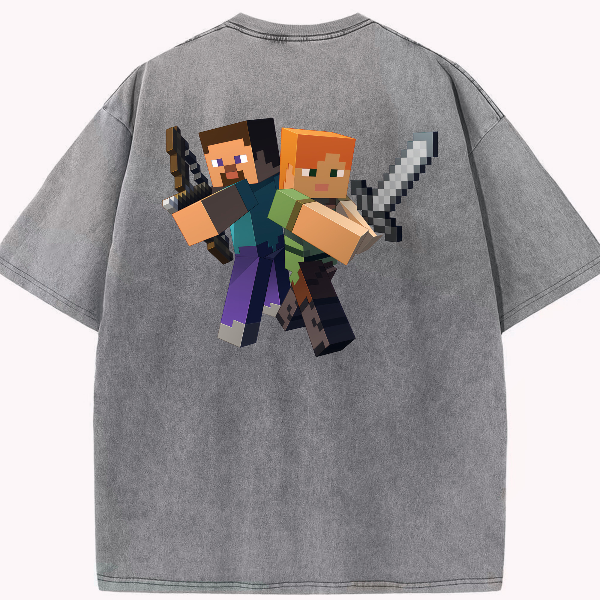 （画像用） マインクラフト ブロックの世界 Minecraft MC Block world 綿100% ヴィンテージ風 半袖Tシャツ（背面プリント）