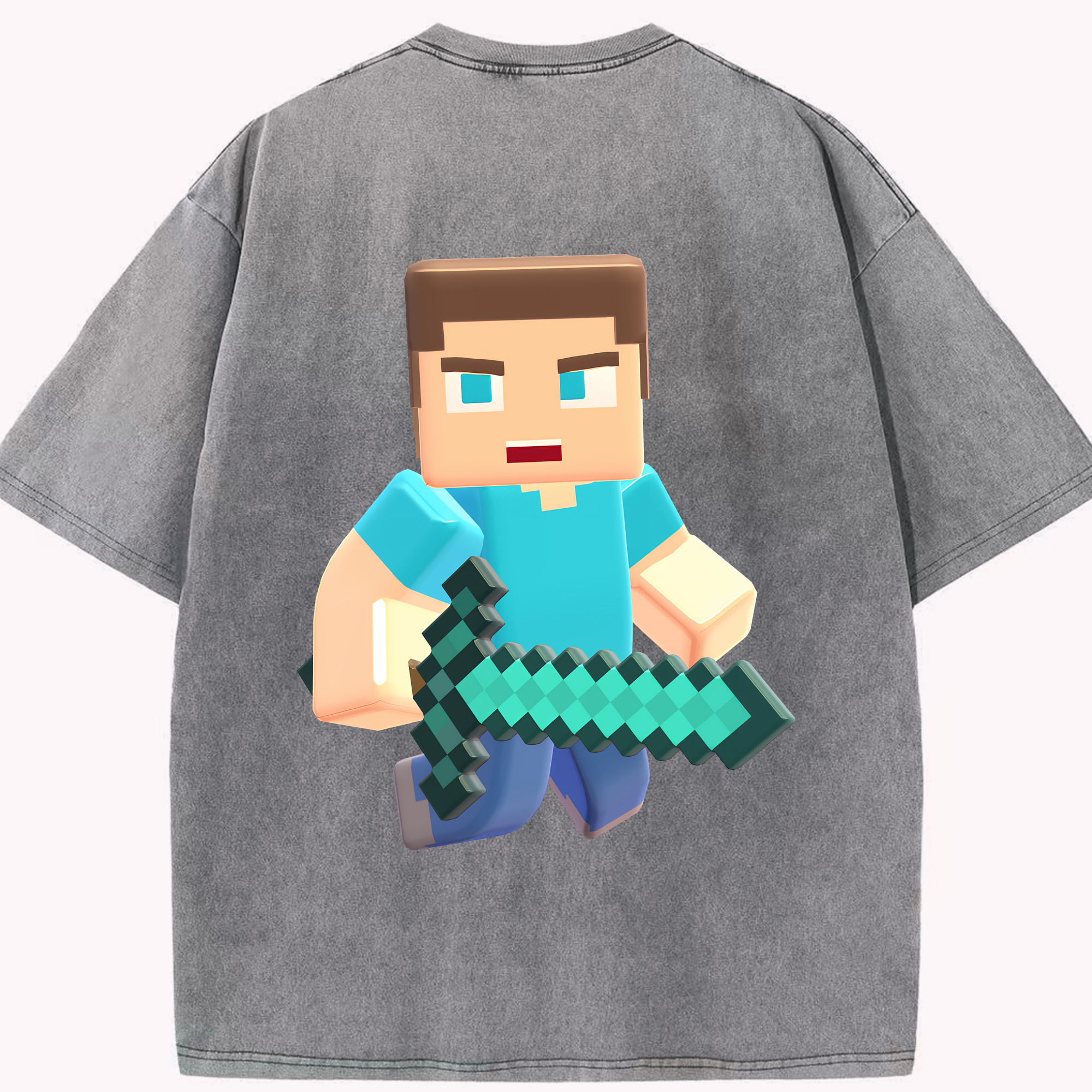 （画像用） マインクラフト ブロックの世界 Minecraft MC Block world 綿100% ヴィンテージ風 半袖Tシャツ（背面プリント）