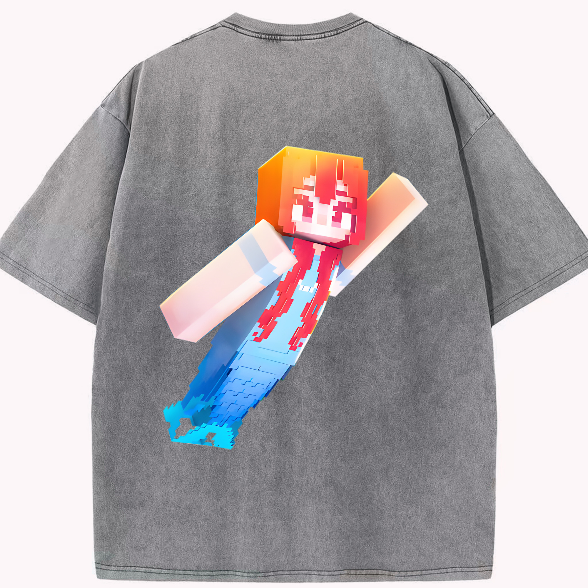 （画像用） マインクラフト ブロックの世界 Minecraft MC Block world 綿100% ヴィンテージ風 半袖Tシャツ（背面プリント）