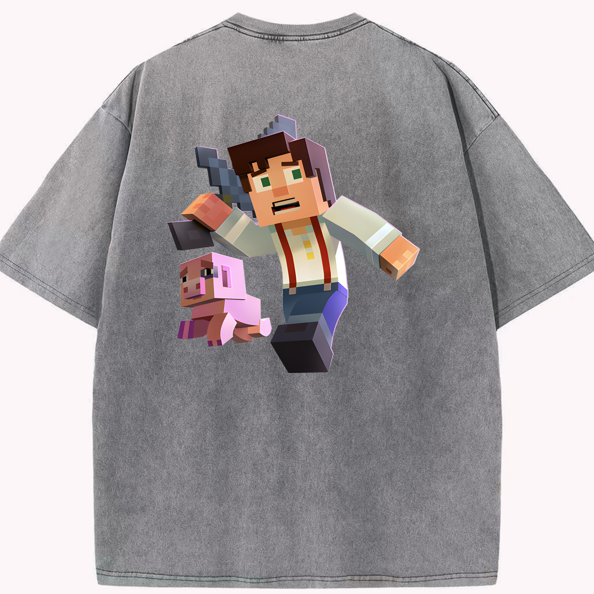 （画像用） マインクラフト ブロックの世界 Minecraft MC Block world 綿100% ヴィンテージ風 半袖Tシャツ（背面プリント）
