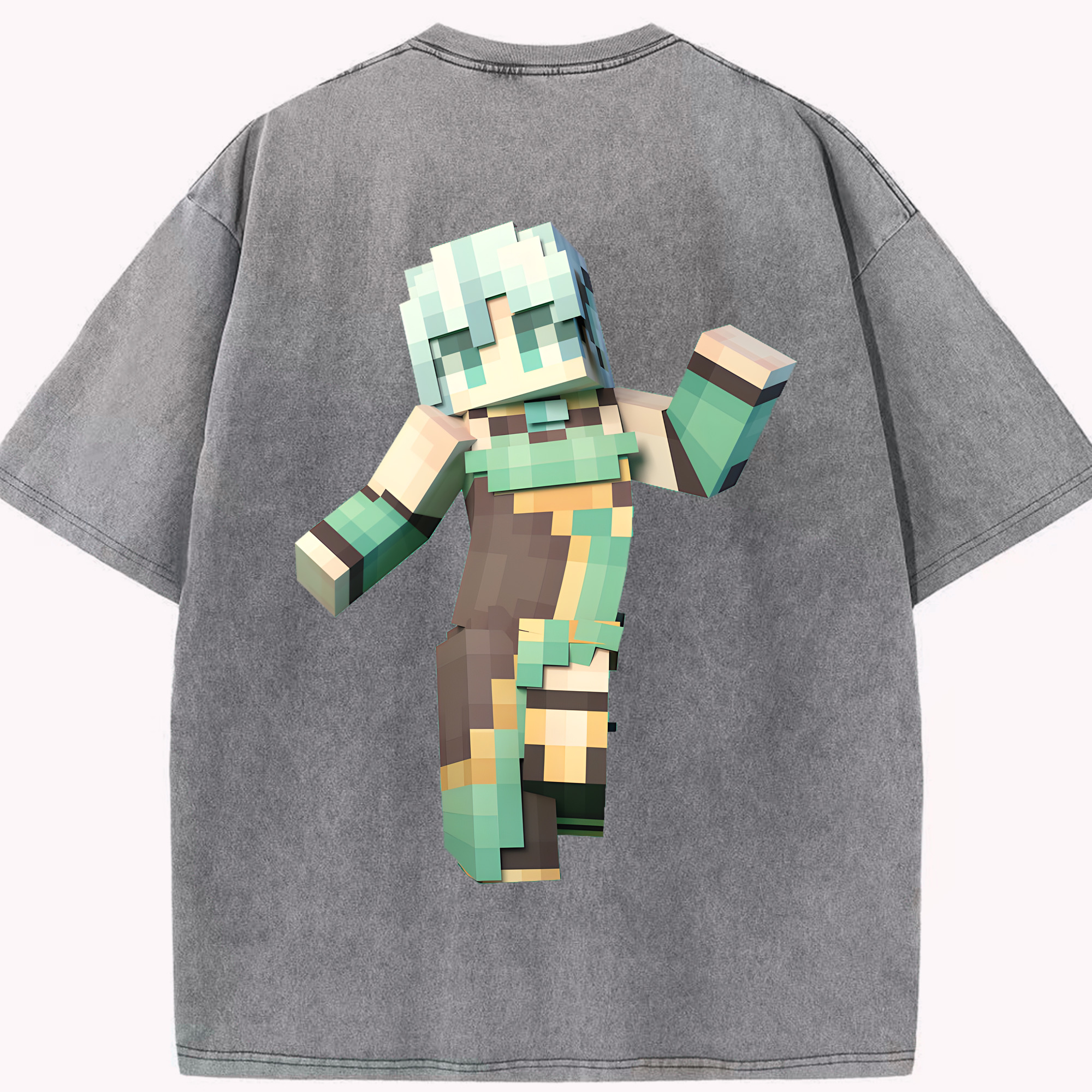 （画像用） マインクラフト ブロックの世界 Minecraft MC Block world 綿100% ヴィンテージ風 半袖Tシャツ（背面プリント）