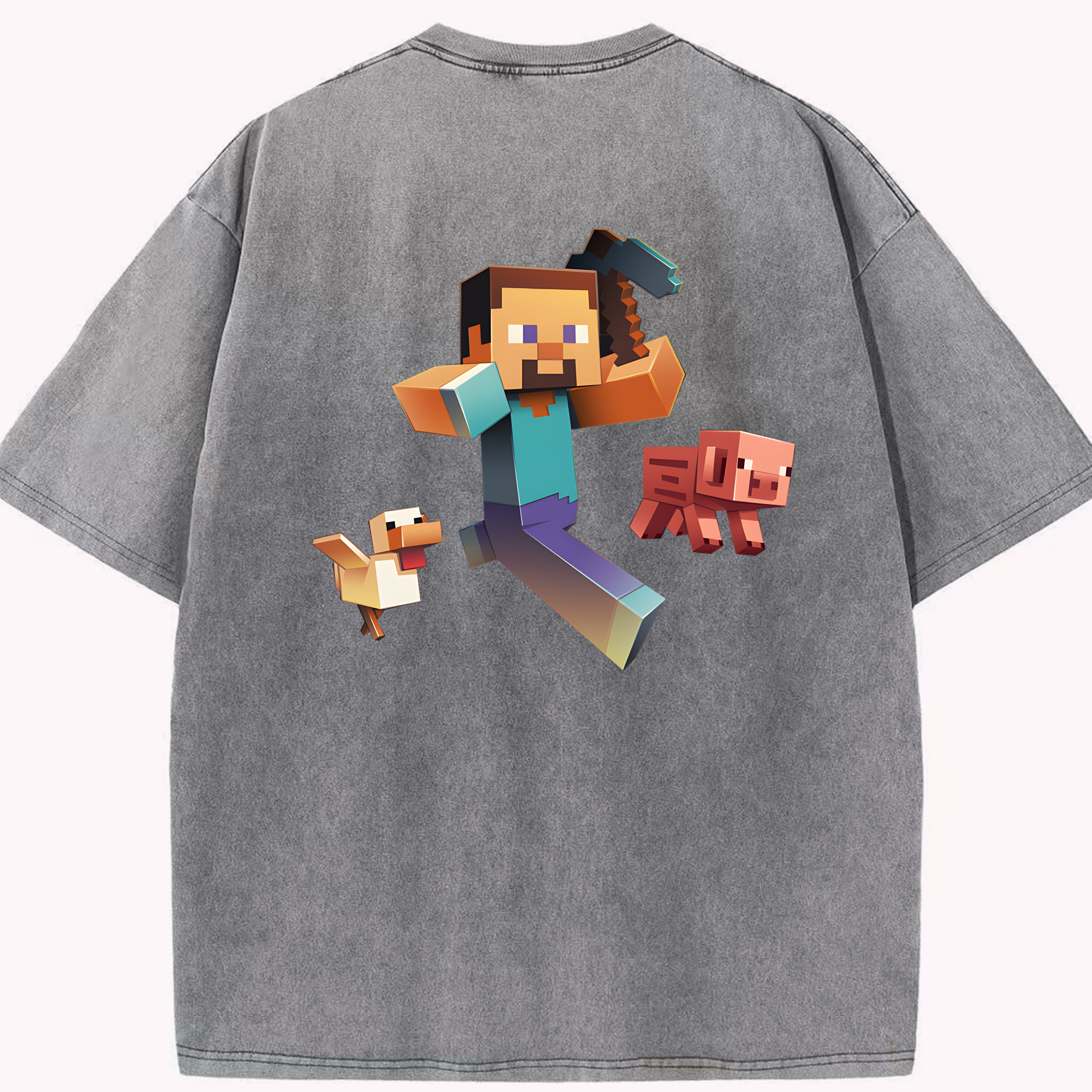 （画像用） マインクラフト ブロックの世界 Minecraft MC Block world 綿100% ヴィンテージ風 半袖Tシャツ（背面プリント）