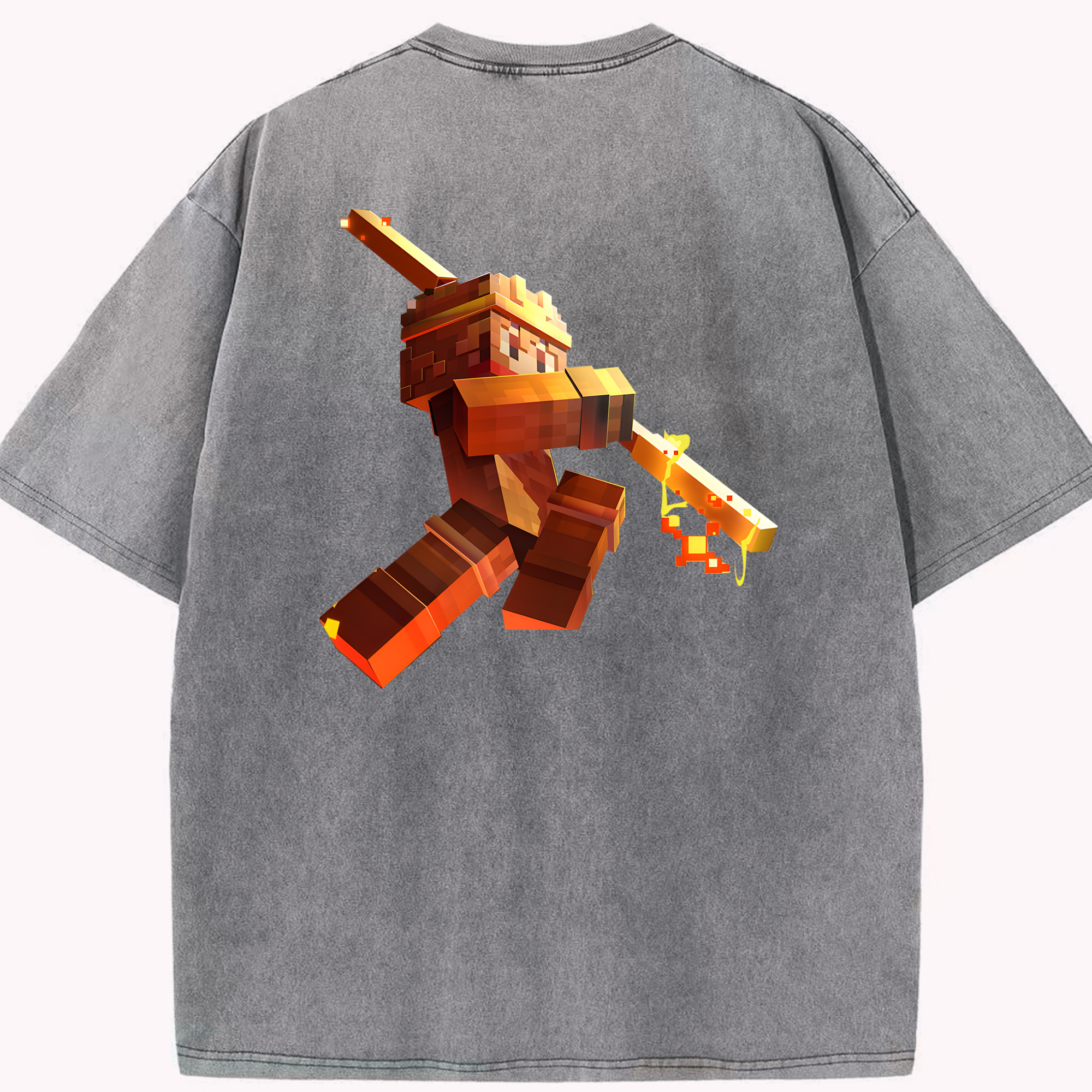 （画像用） マインクラフト ブロックの世界 Minecraft MC Block world 綿100% ヴィンテージ風 半袖Tシャツ（背面プリント）