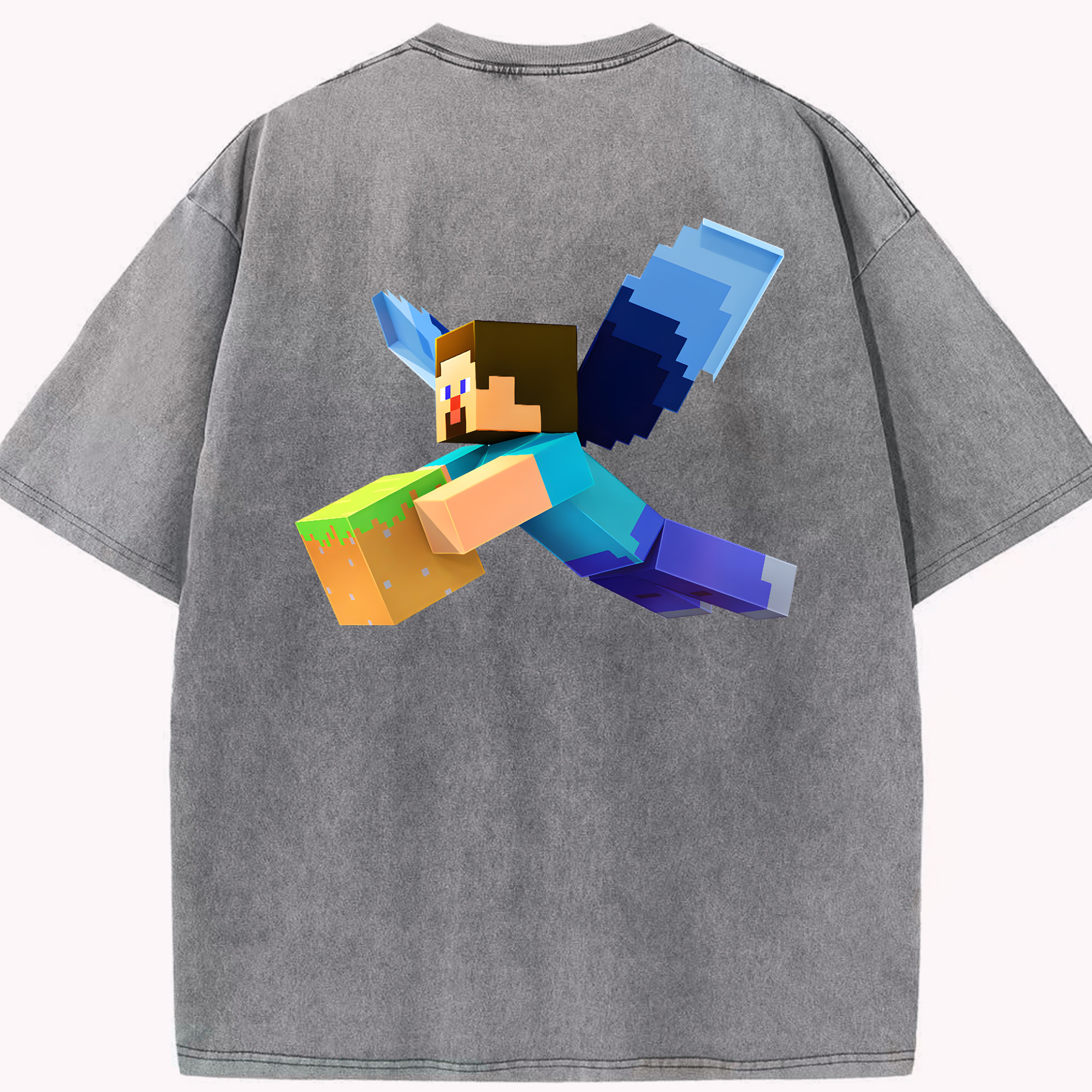 （画像用） マインクラフト ブロックの世界 Minecraft MC Block world 綿100% ヴィンテージ風 半袖Tシャツ（背面プリント）