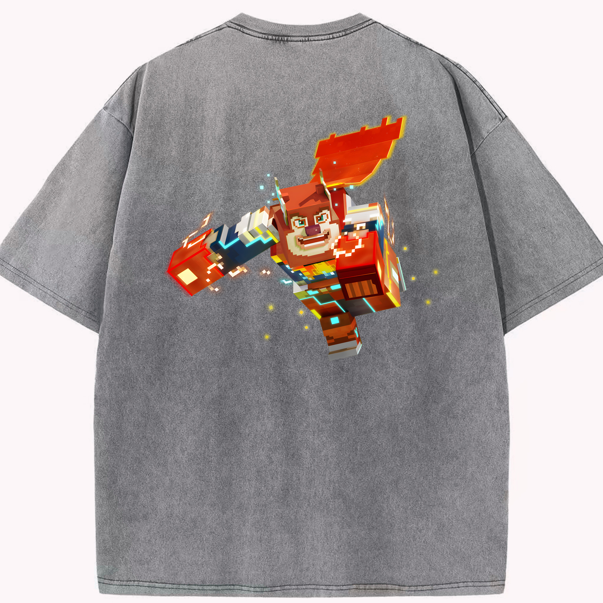 （画像用） マインクラフト ブロックの世界 Minecraft MC Block world 綿100% ヴィンテージ風 半袖Tシャツ（背面プリント）
