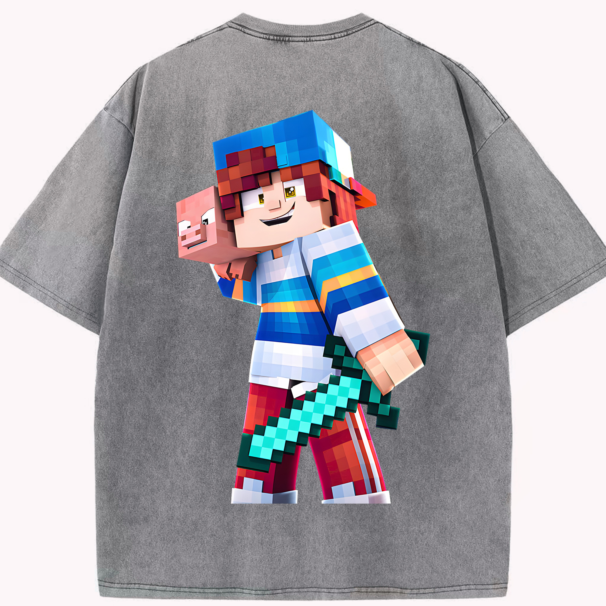 （画像用） マインクラフト ブロックの世界 Minecraft MC Block world 綿100% ヴィンテージ風 半袖Tシャツ（背面プリント）