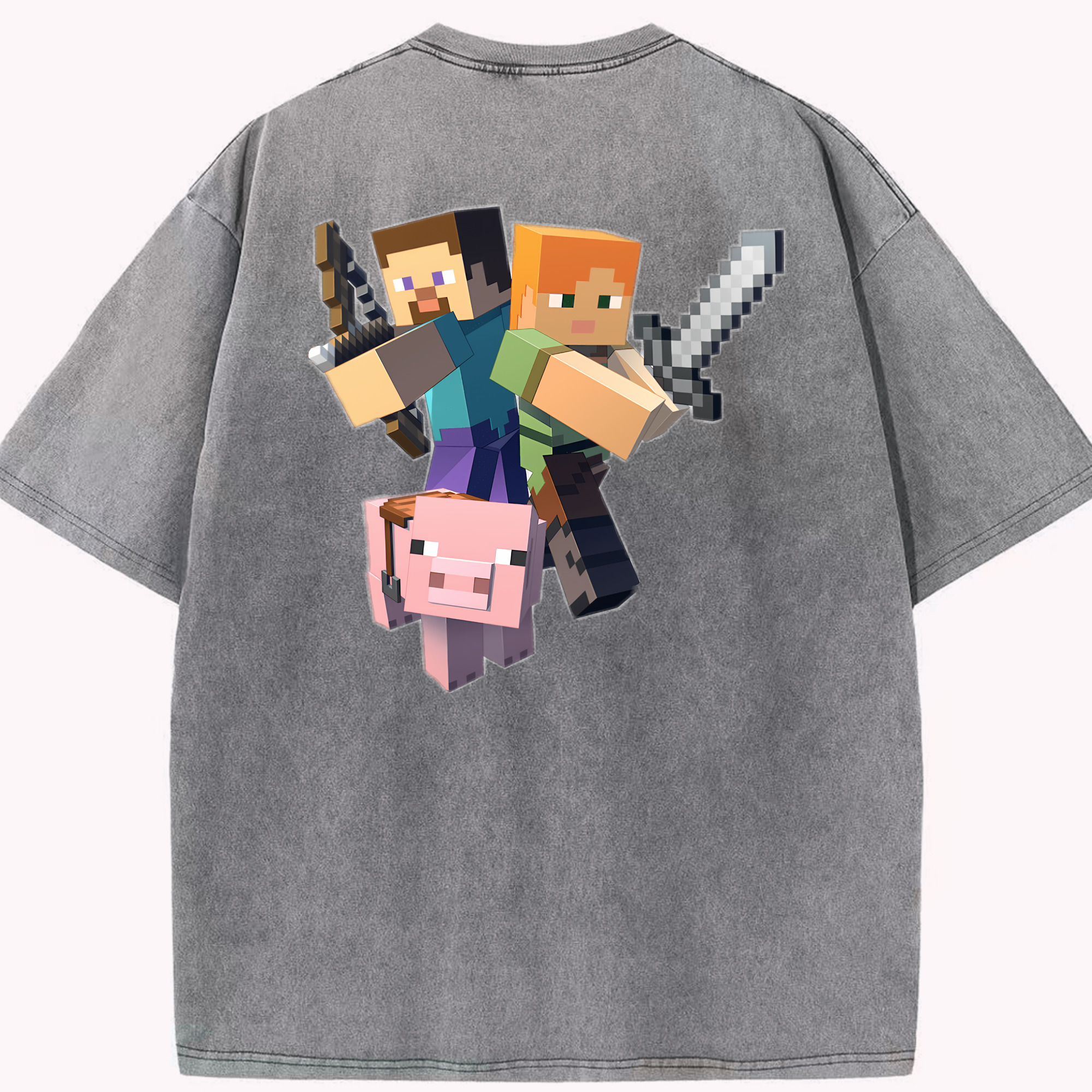 （画像用） マインクラフト ブロックの世界 Minecraft MC Block world 綿100% ヴィンテージ風 半袖Tシャツ（背面プリント）