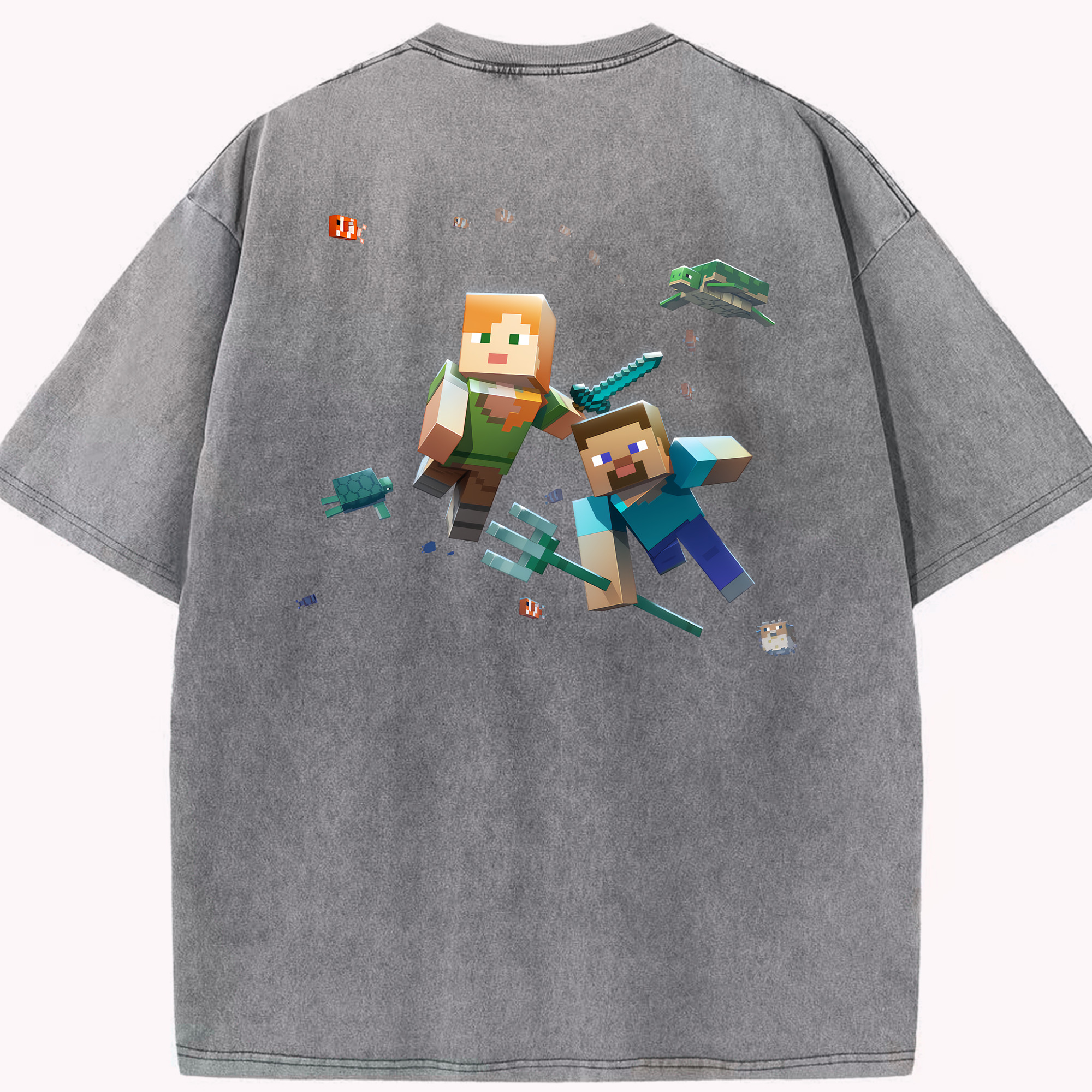 （画像用） マインクラフト ブロックの世界 Minecraft MC Block world 綿100% ヴィンテージ風 半袖Tシャツ（背面プリント）