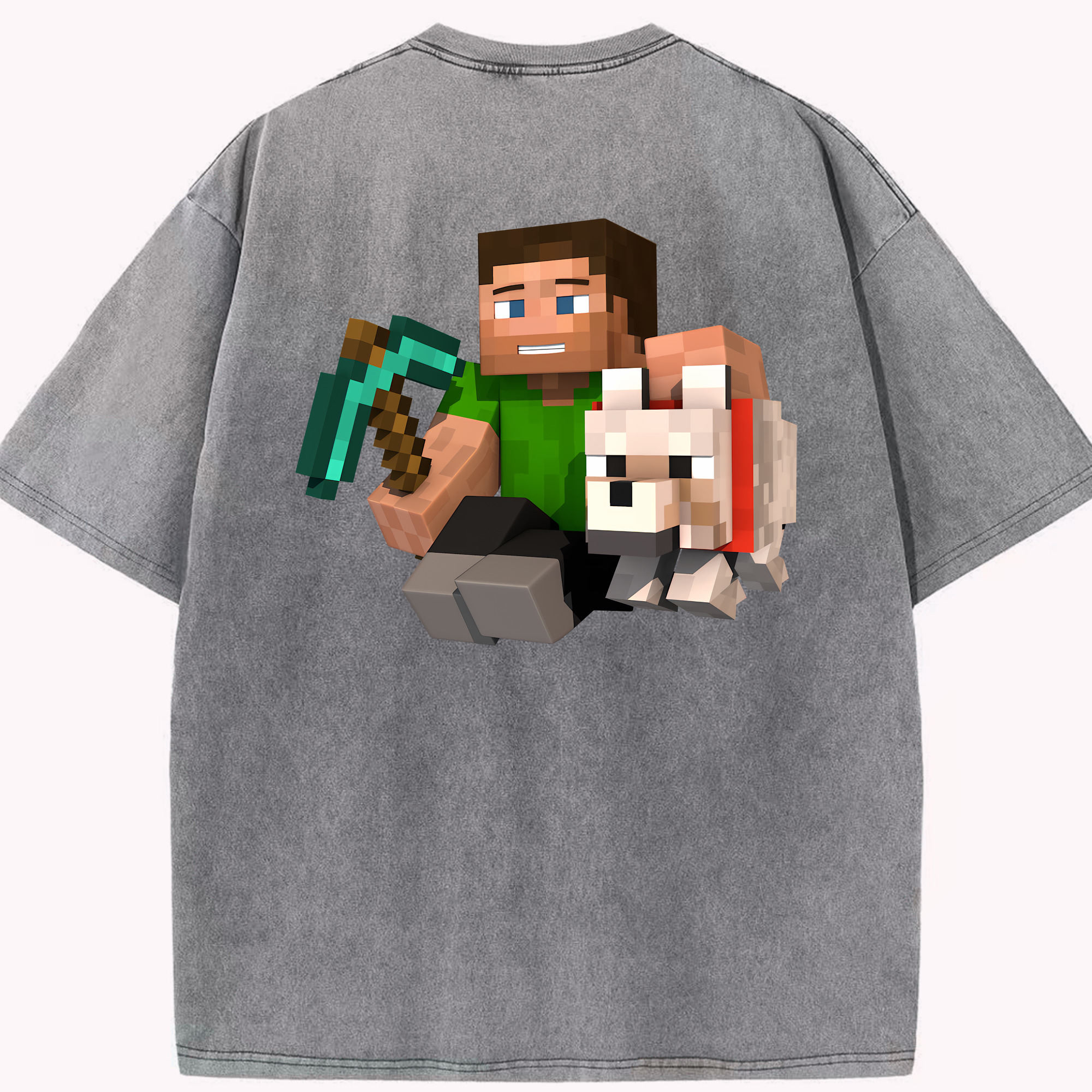 （画像用） マインクラフト ブロックの世界 Minecraft MC Block world 綿100% ヴィンテージ風 半袖Tシャツ（背面プリント）