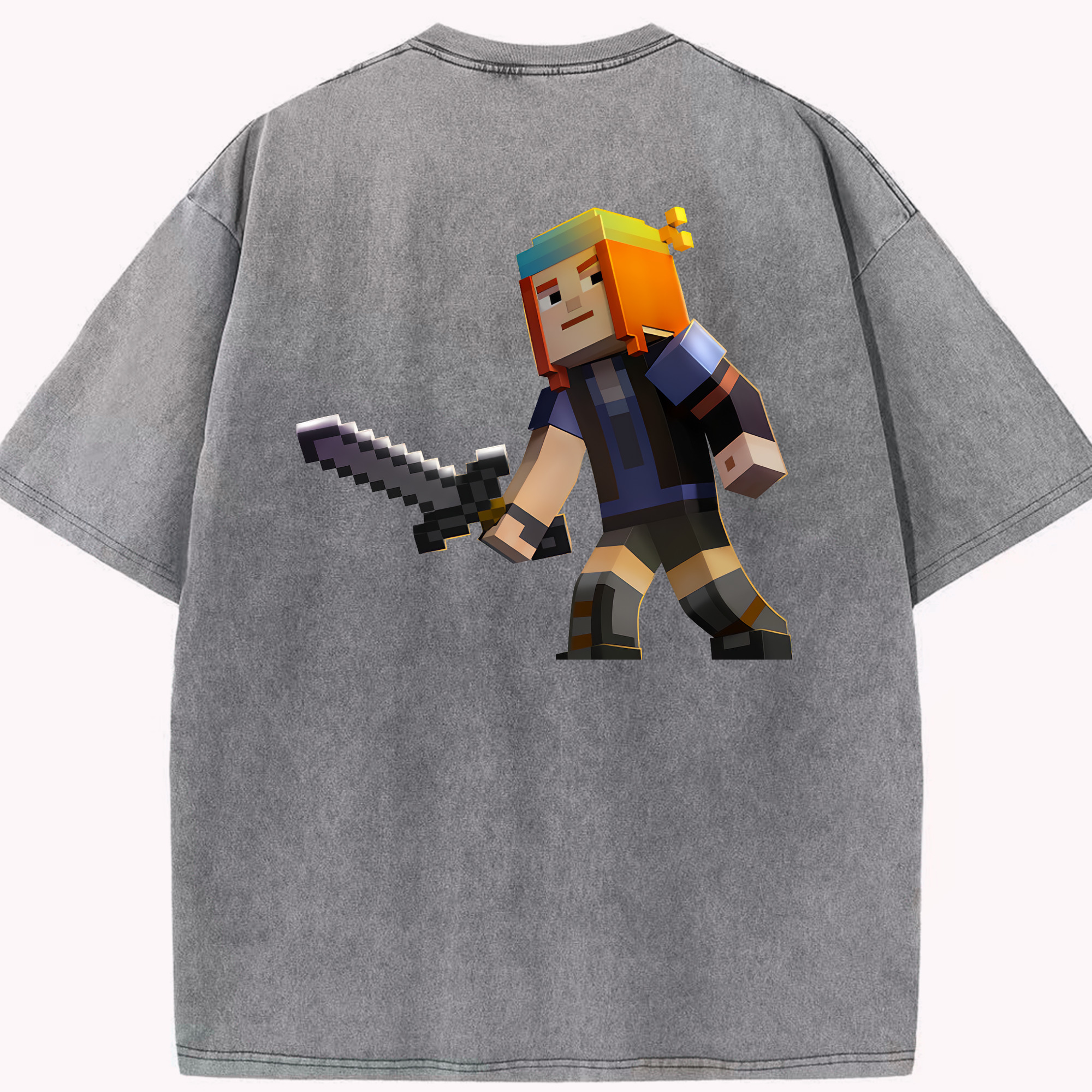 （画像用） マインクラフト ブロックの世界 Minecraft MC Block world 綿100% ヴィンテージ風 半袖Tシャツ（背面プリント）