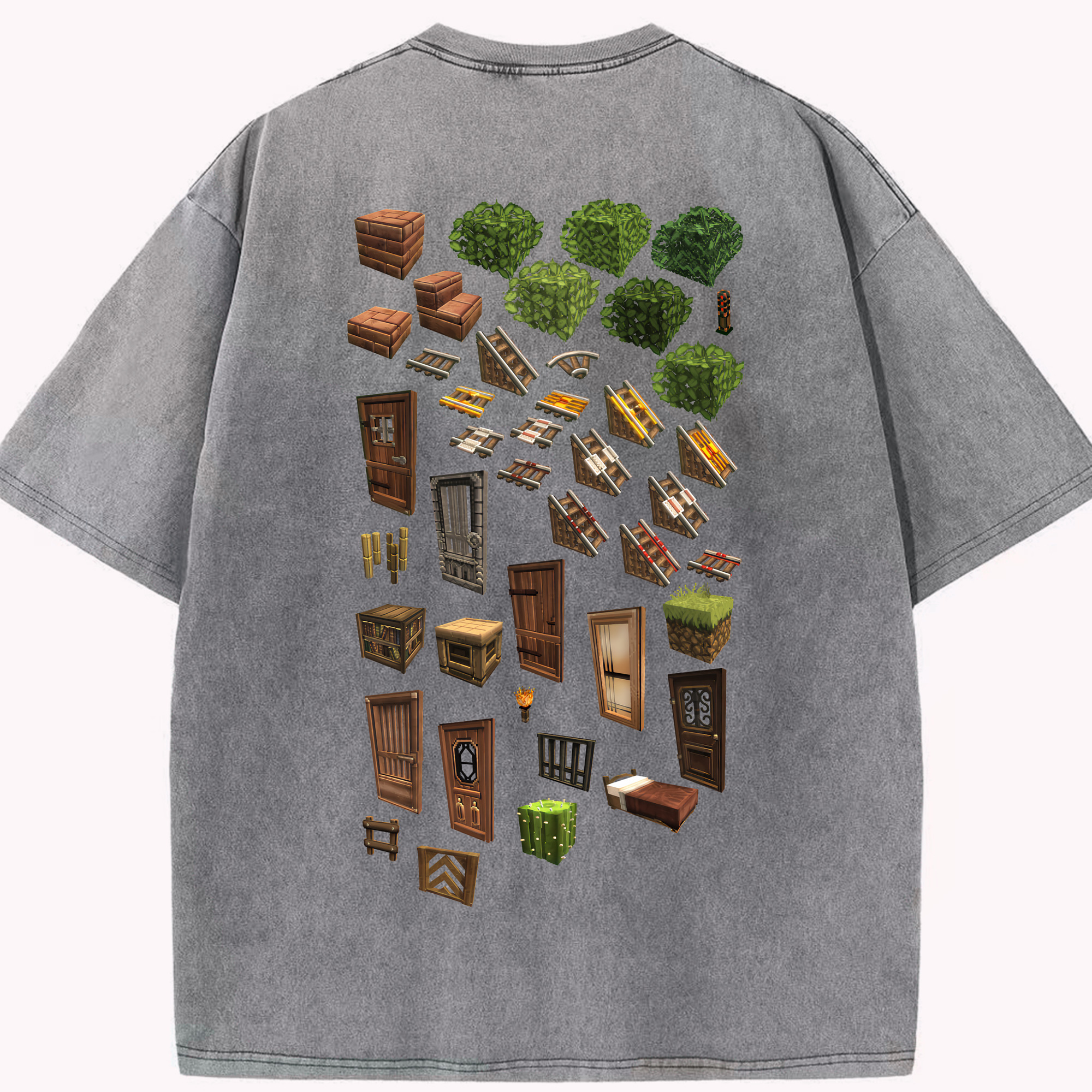 （画像用） マインクラフト ブロックの世界 Minecraft MC Block world 綿100% ヴィンテージ風 半袖Tシャツ（背面プリント）