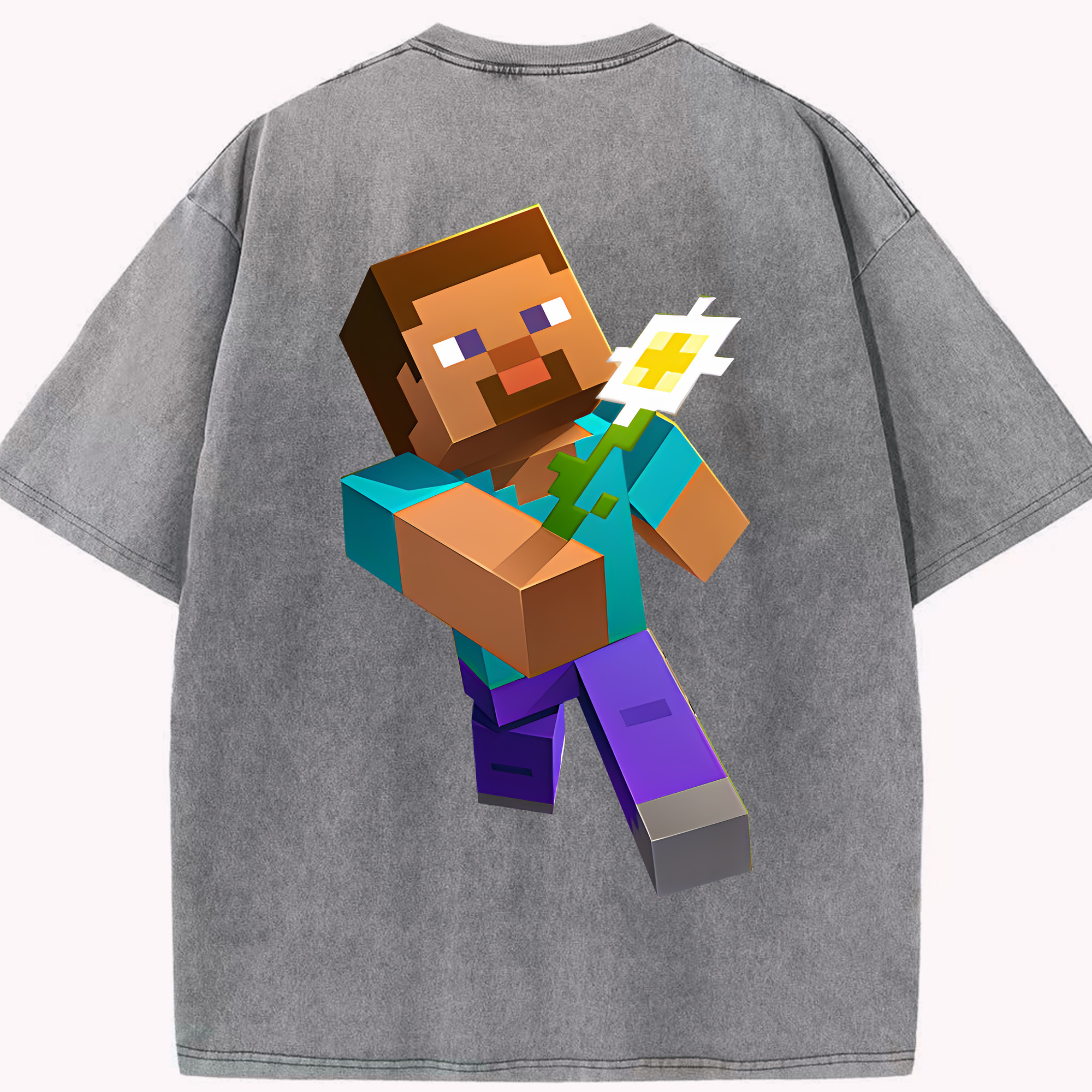 （画像用） マインクラフト ブロックの世界 Minecraft MC Block world 綿100% ヴィンテージ風 半袖Tシャツ（背面プリント）