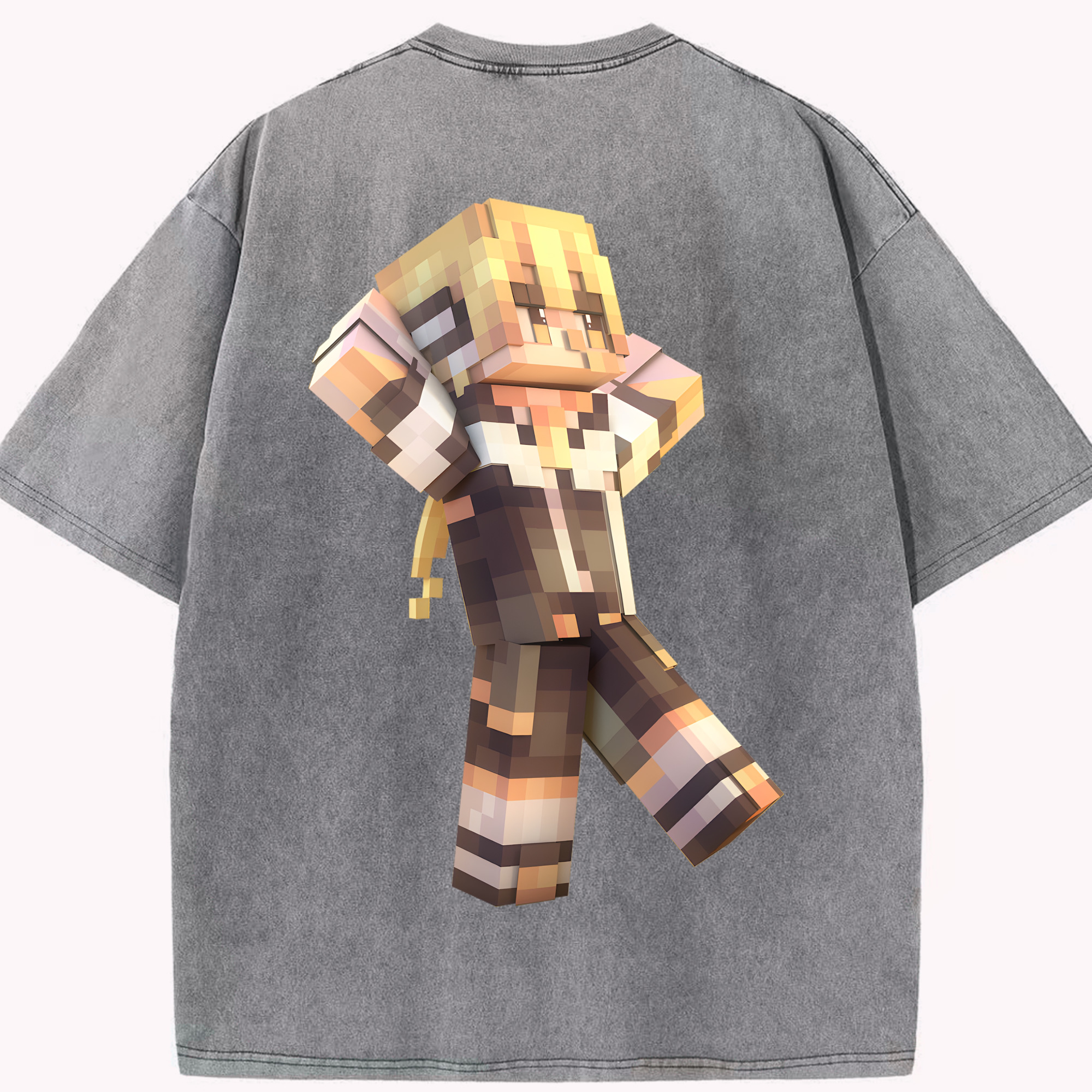 （画像用） マインクラフト ブロックの世界 Minecraft MC Block world 綿100% ヴィンテージ風 半袖Tシャツ（背面プリント）