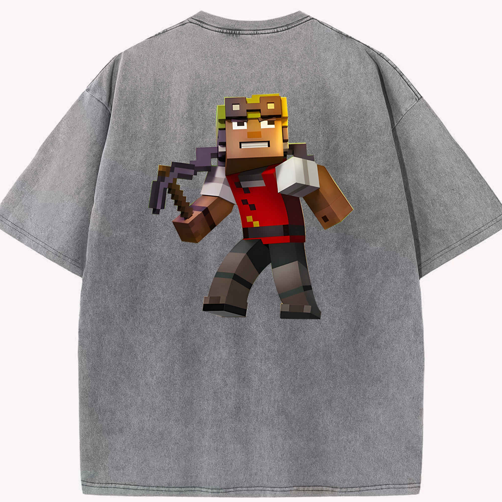 （画像用） マインクラフト ブロックの世界 Minecraft MC Block world 綿100% ヴィンテージ風 半袖Tシャツ（背面プリント）