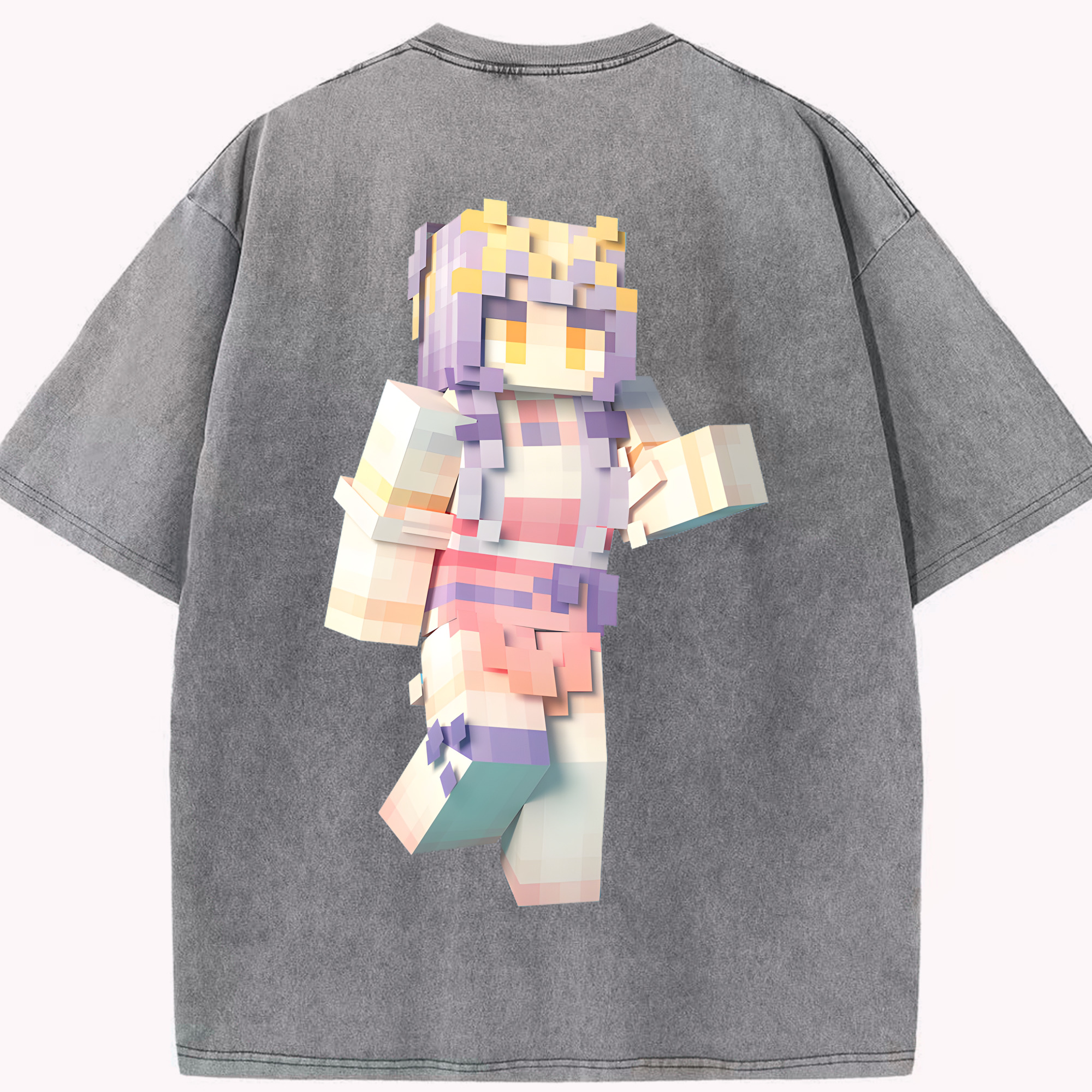 （画像用） マインクラフト ブロックの世界 Minecraft MC Block world 綿100% ヴィンテージ風 半袖Tシャツ（背面プリント）