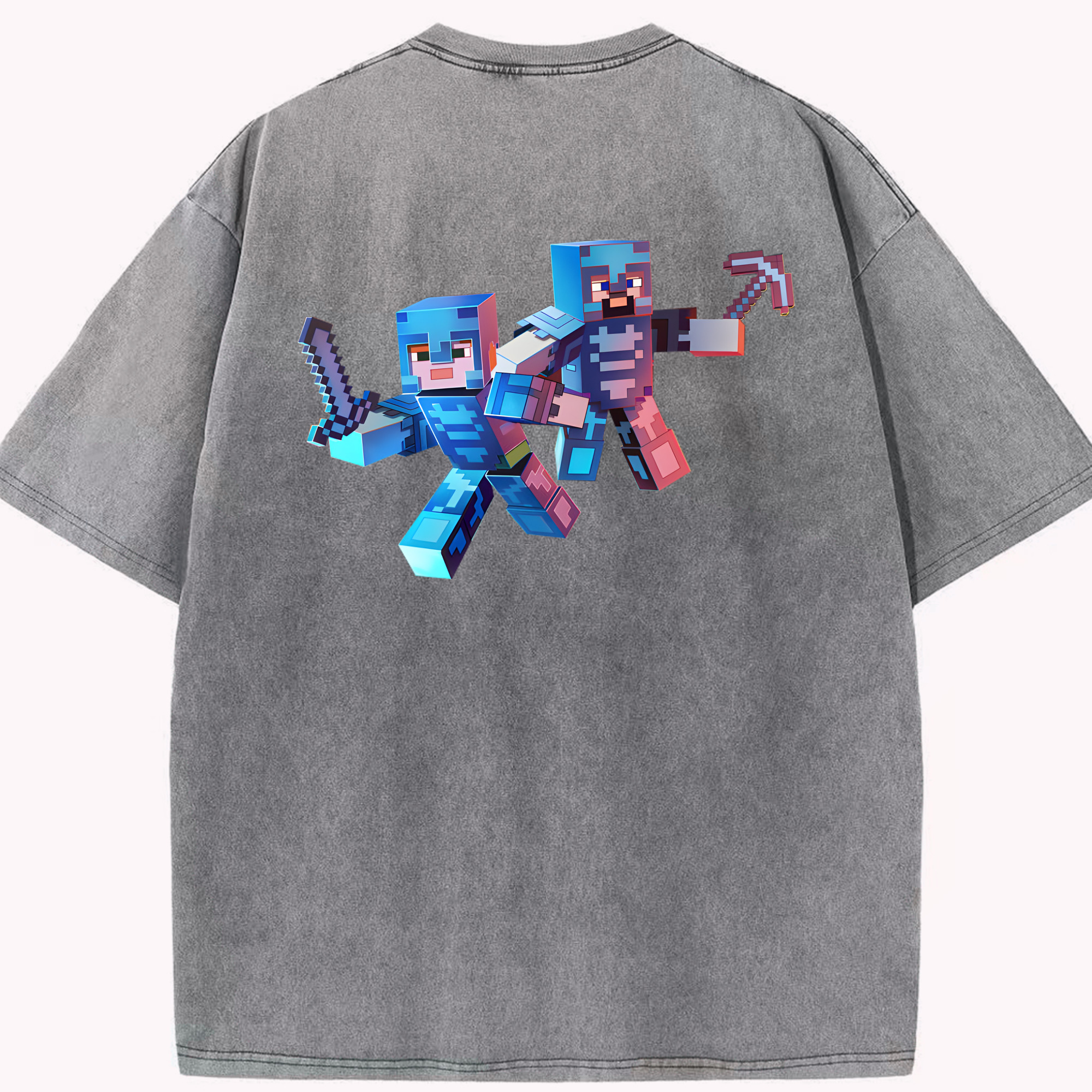 （画像用） マインクラフト ブロックの世界 Minecraft MC Block world 綿100% ヴィンテージ風 半袖Tシャツ（背面プリント）