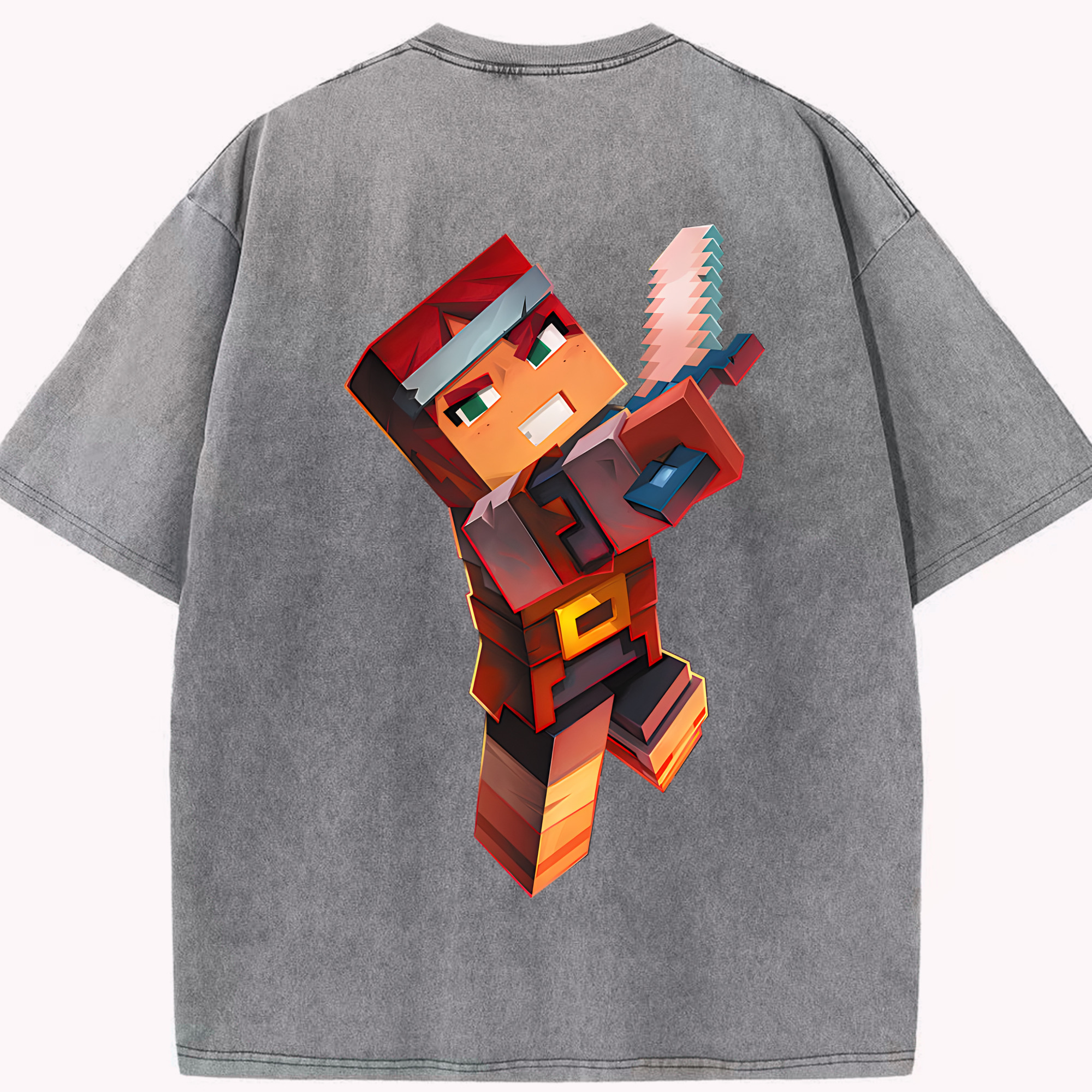 （画像用） マインクラフト ブロックの世界 Minecraft MC Block world 綿100% ヴィンテージ風 半袖Tシャツ（背面プリント）