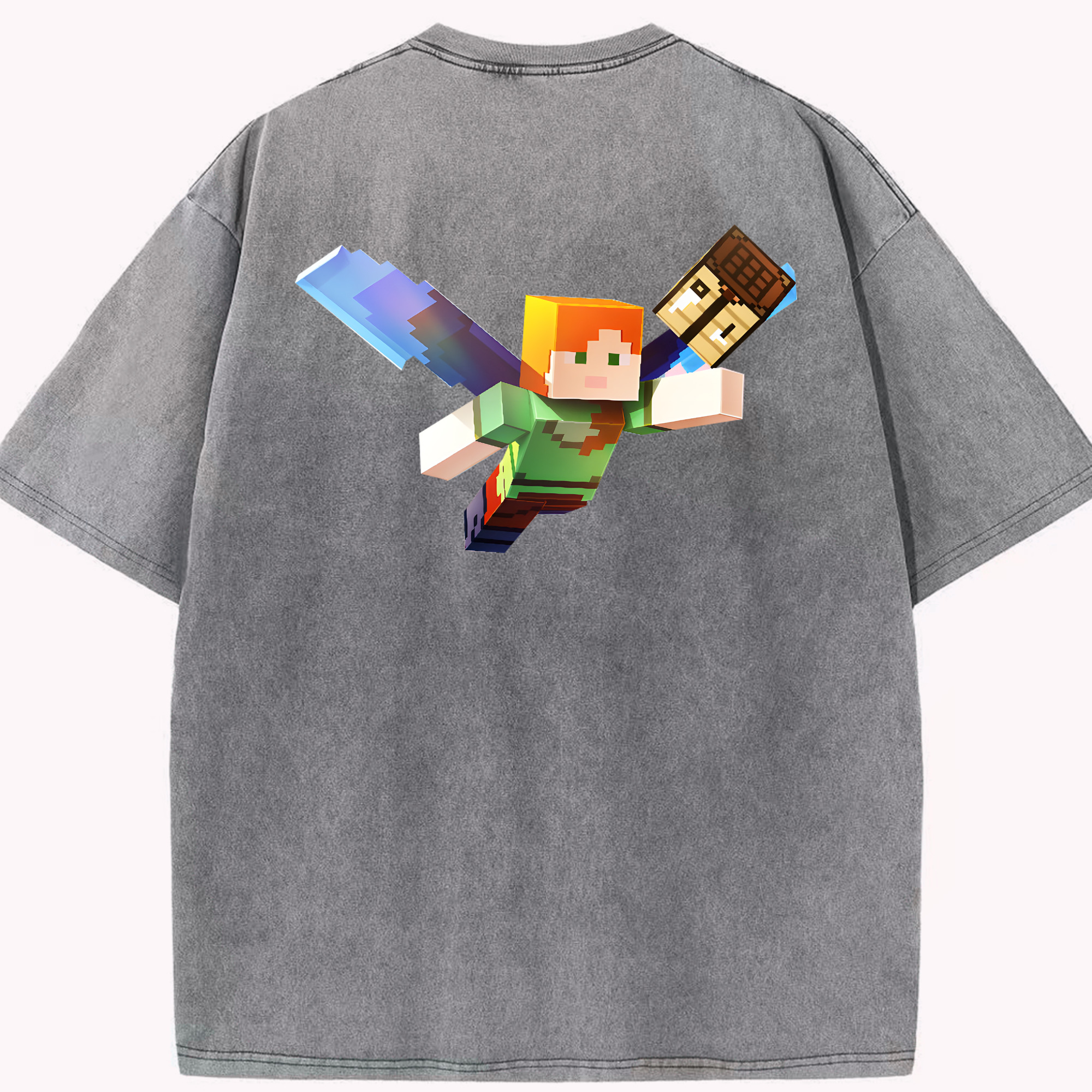 （画像用） マインクラフト ブロックの世界 Minecraft MC Block world 綿100% ヴィンテージ風 半袖Tシャツ（背面プリント）