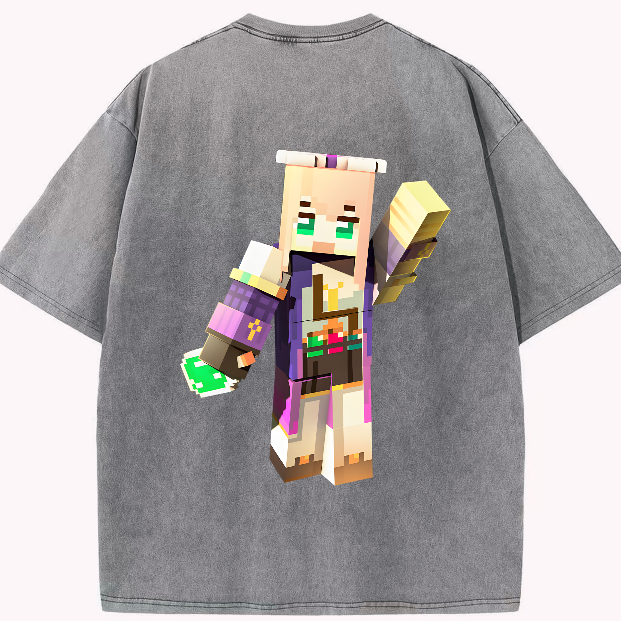 （画像用） マインクラフト ブロックの世界 Minecraft MC Block world 綿100% ヴィンテージ風 半袖Tシャツ（背面プリント）